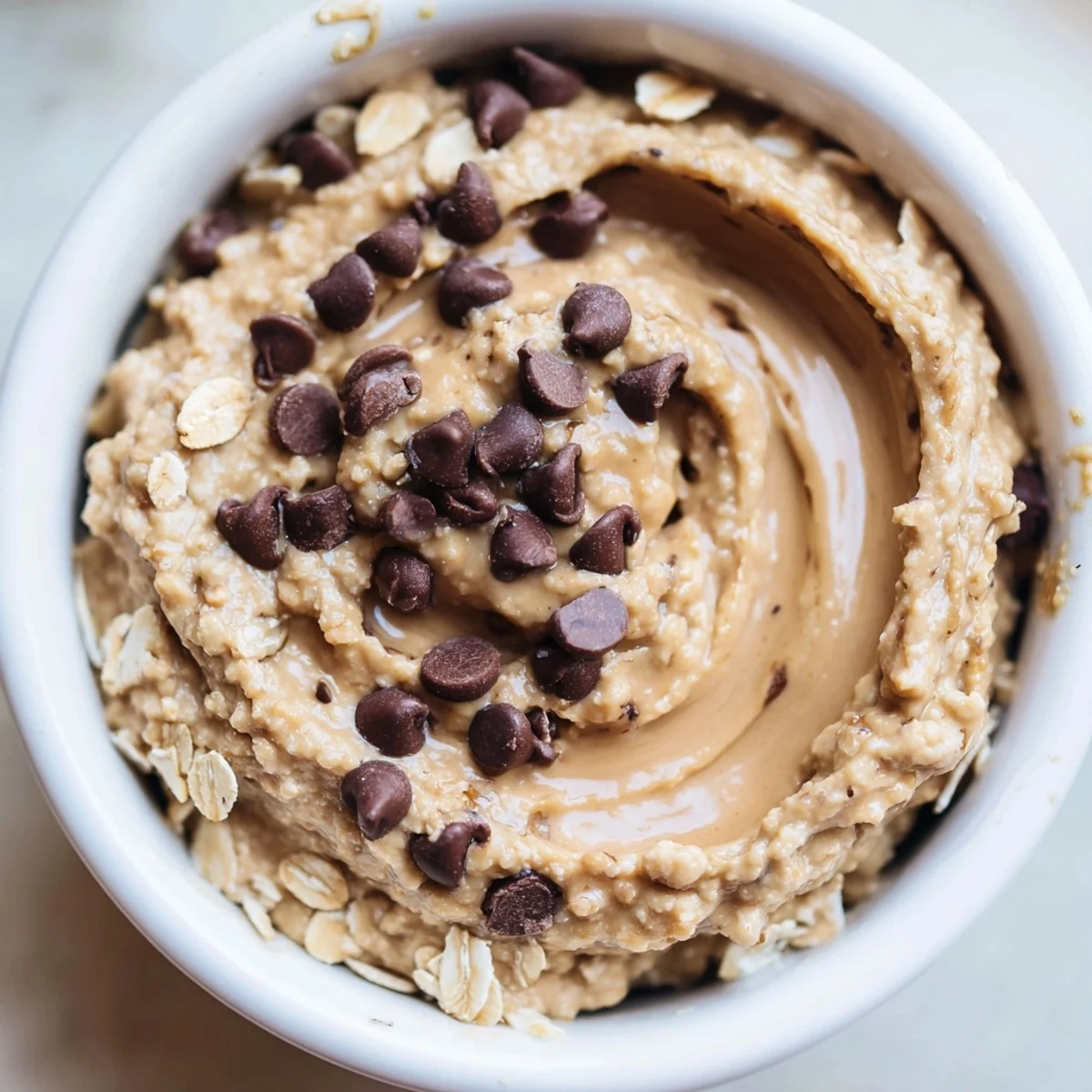 Dessert hummus in a white bowl, garnished with mini chocolate chips, perfect for a healthy snack or party dip.