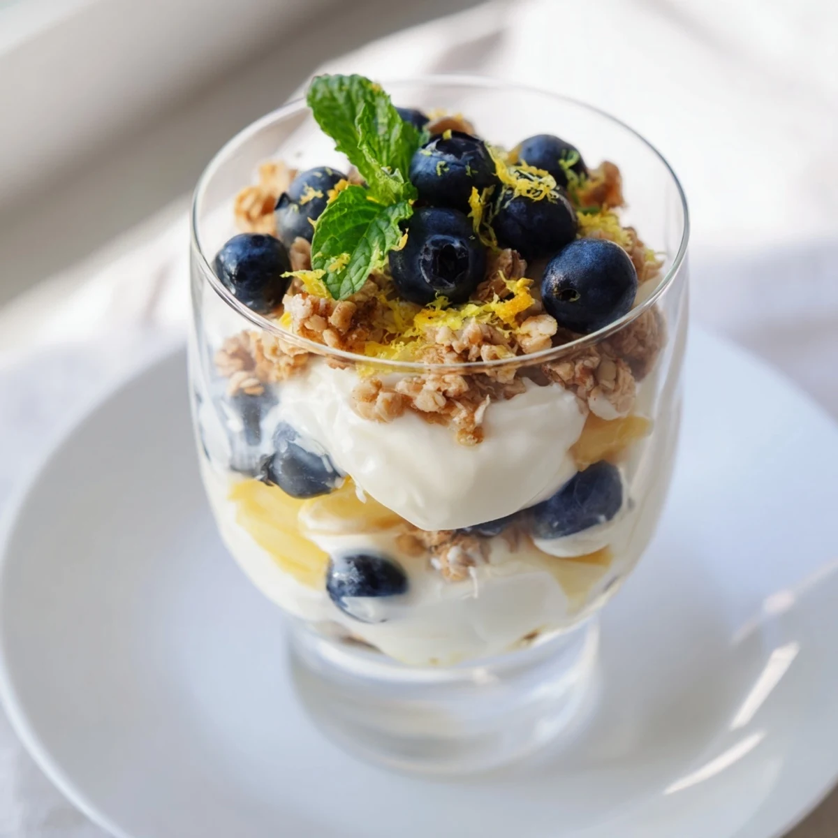 A close-up view of a Lemon Blueberry Yogurt Parfait with Granola in a glass jar, showing creamy layers and fresh berries.