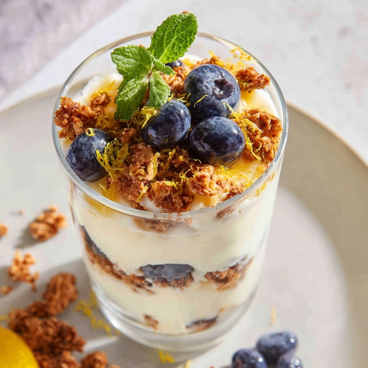 A tall glass of Lemon Blueberry Yogurt Parfait with Granola topped with mint, ready to serve for breakfast.
