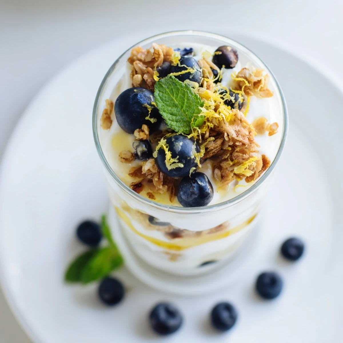 Overhead shot of Lemon Blueberry Yogurt Parfait with Granola layered with blueberries and crunchy granola in a bowl.