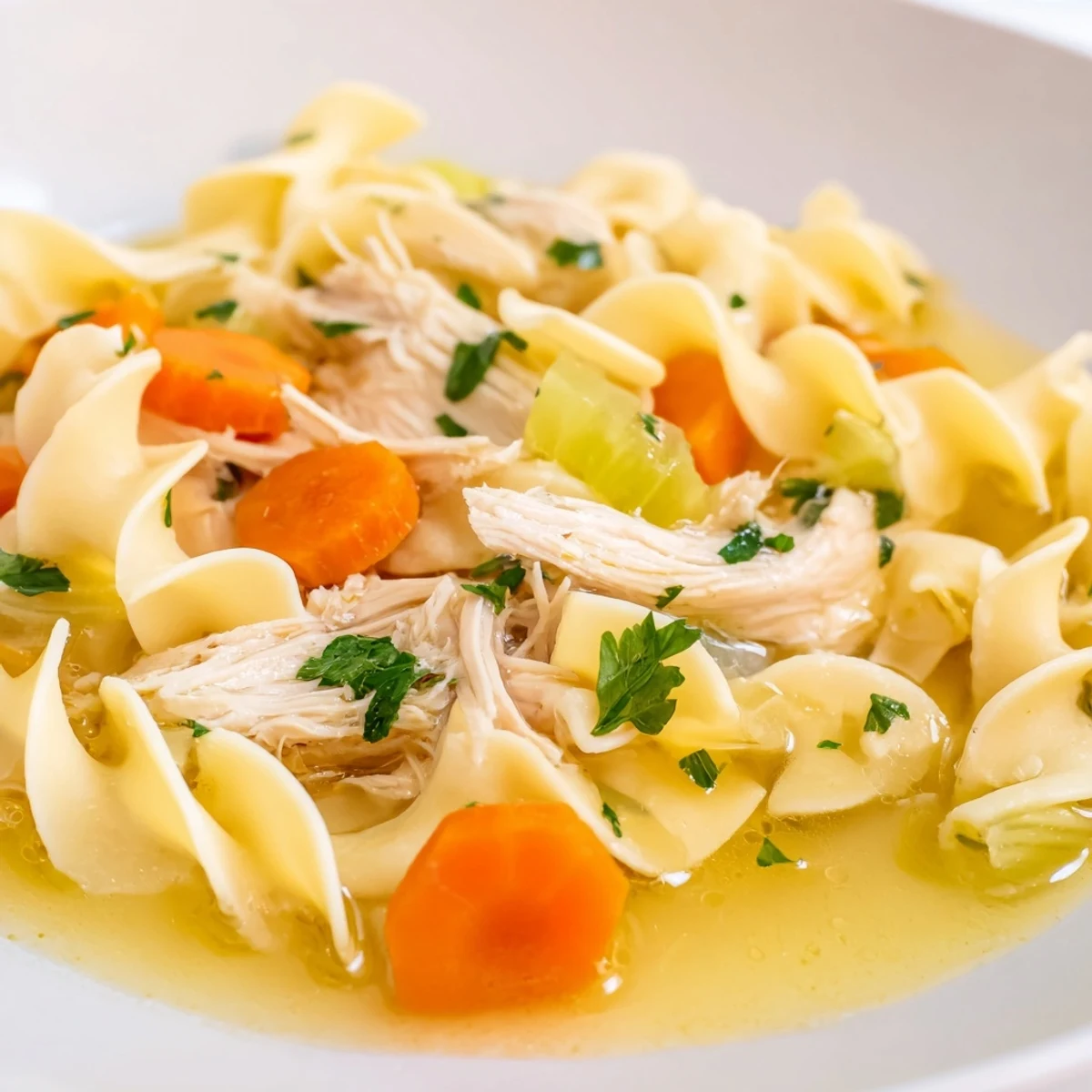 Steam rises from a bowl of hearty Chicken Noodle Soup with Homemade Noodles, revealing golden broth and tender shredded chicken.