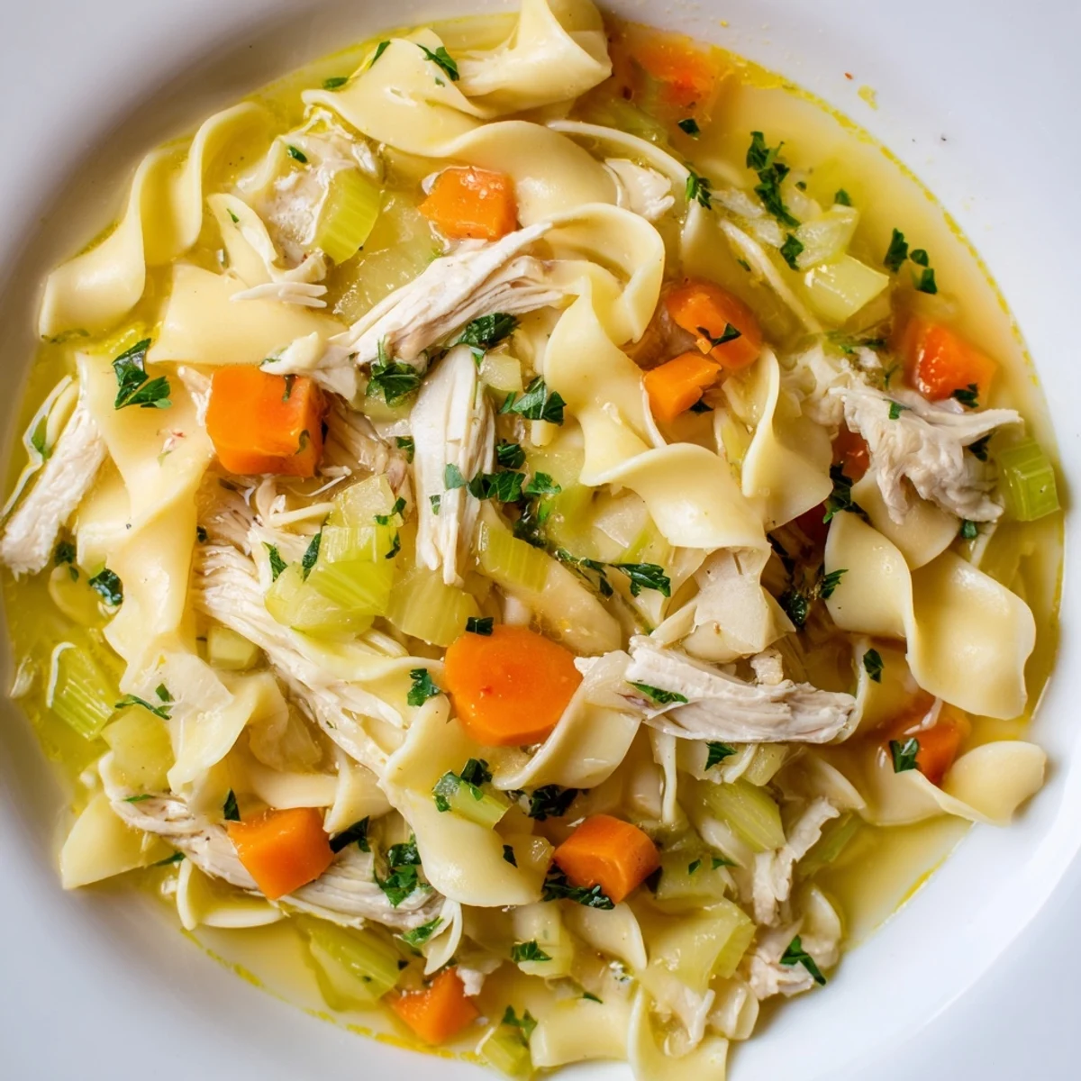 A spoon lifts silky noodles from a savory bowl of Chicken Noodle Soup with Homemade Noodles, garnished with parsley.
