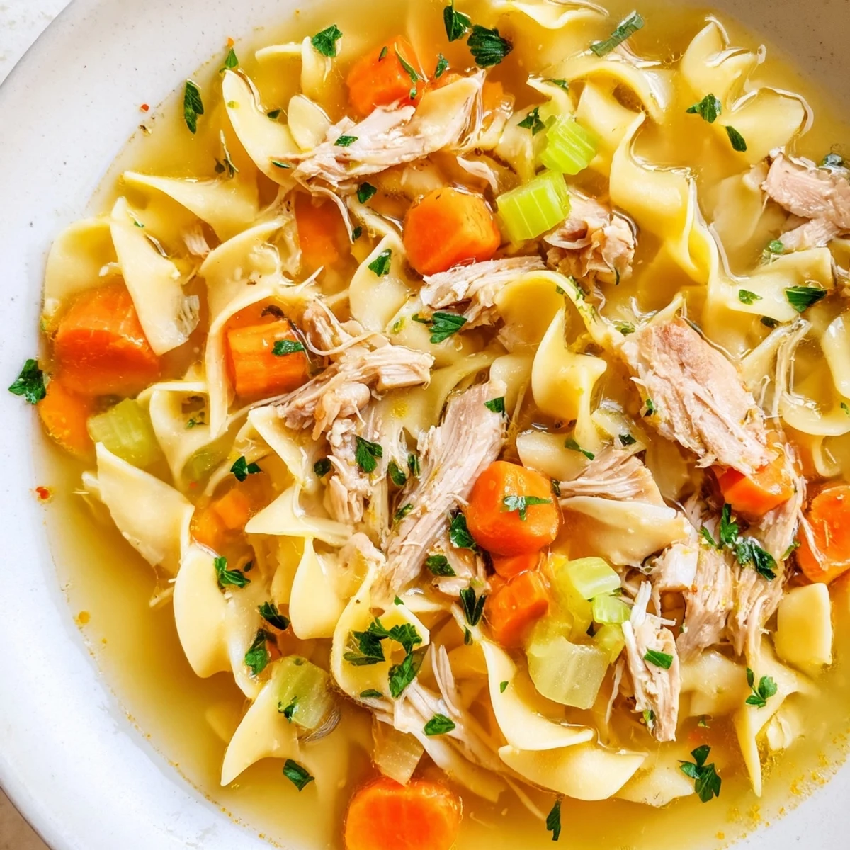 Freshly made noodles and vibrant carrots and celery swim in a cozy pot of Chicken Noodle Soup with Homemade Noodles.