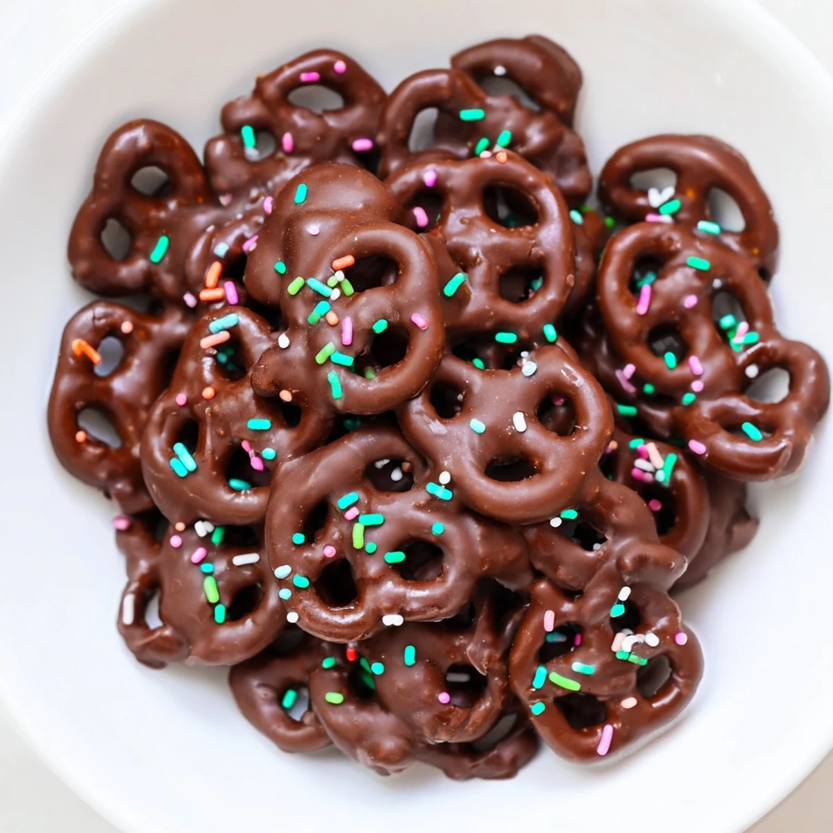 Chocolate Covered Pretzels with Pastel Sprinkles arranged on a marble board with a baking sheet in the background