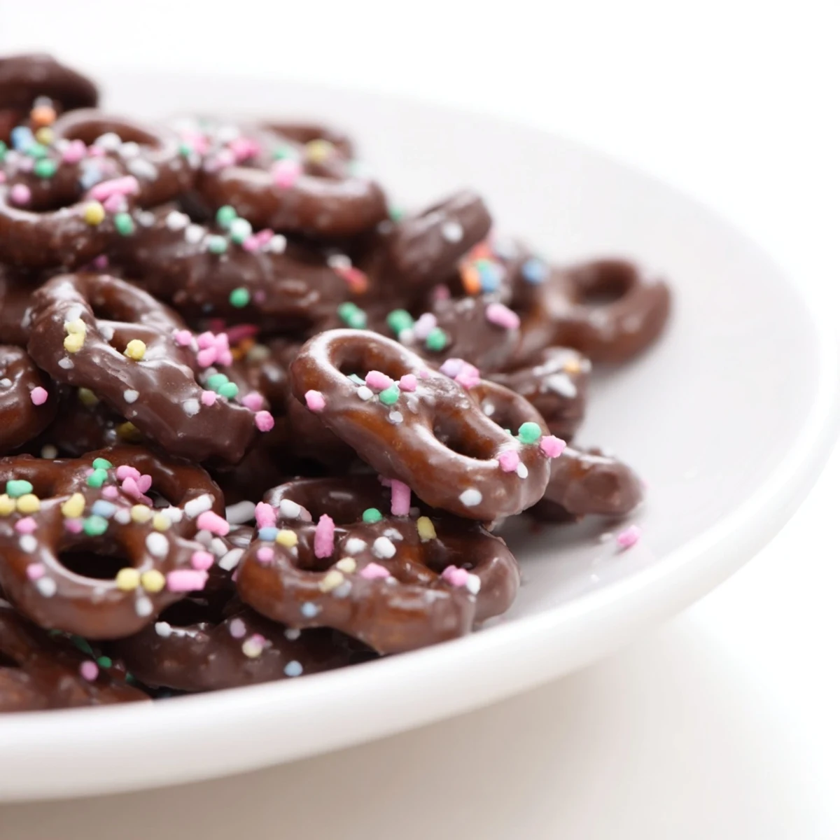 Chocolate Covered Pretzels with Pastel Sprinkles served in a glass jar on a picnic table under bright sunlight