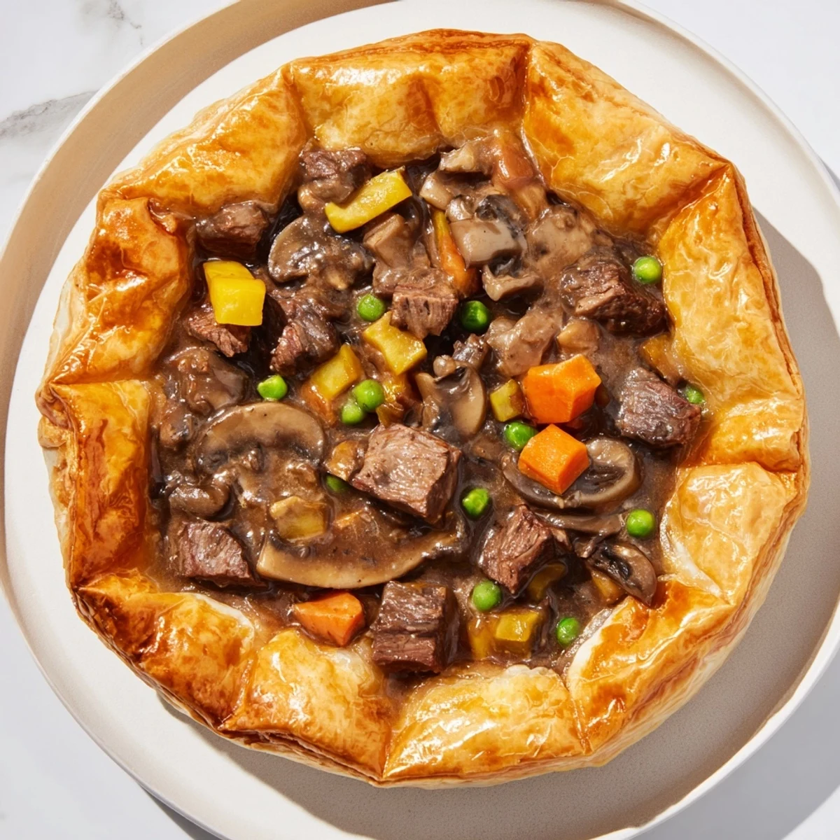 Freshly baked Beef Pot Pie with flaky crust sits beside a steaming bowl on a rustic table.