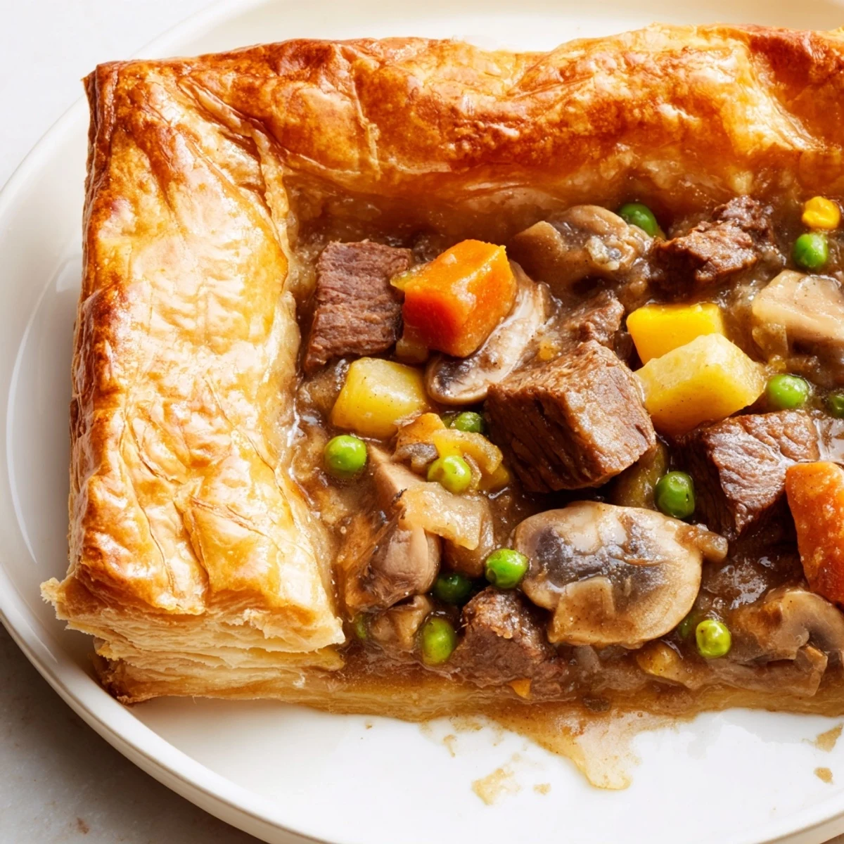 Golden, flaky puff pastry tops this hearty Beef Pot Pie, with steam rising from savory beef and vegetables.