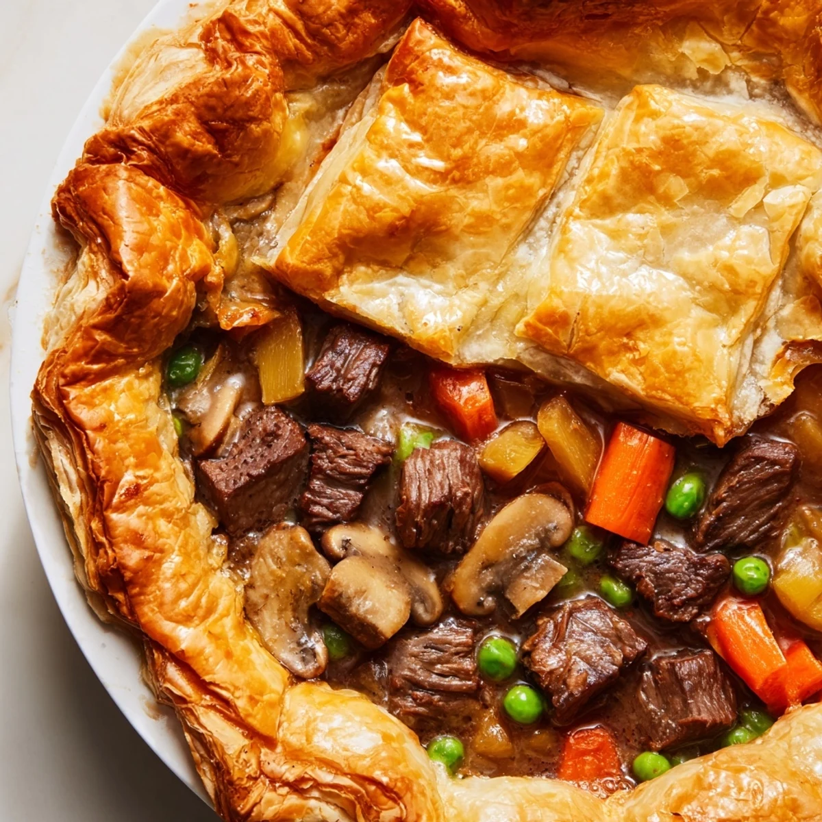 Sliced wedge of Beef Pot Pie reveals tender beef chunks in rich gravy with carrots and peas.