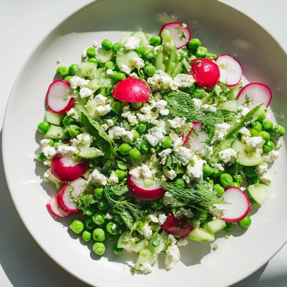 A vibrant Spring Pea Salad with Radishes and Feta topped with fresh mint and dill on a rustic table.