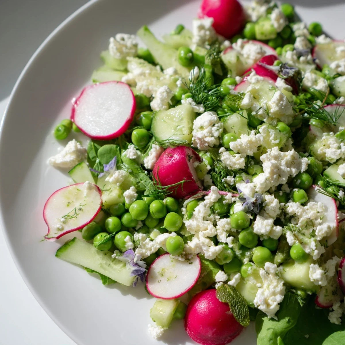 Serving suggestion for Spring Pea Salad with Radishes and Feta garnished with extra feta crumbles for a light lunch.