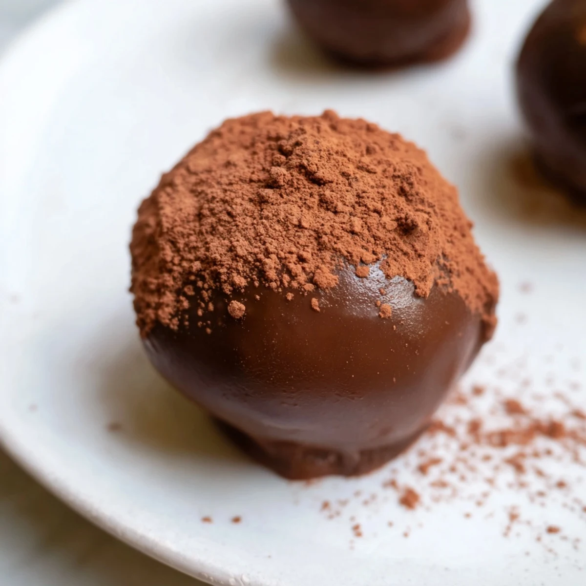 Rich, glossy Irish Cream Truffles coated in cocoa powder arranged on a parchment-lined baking sheet in a kitchen setting.
