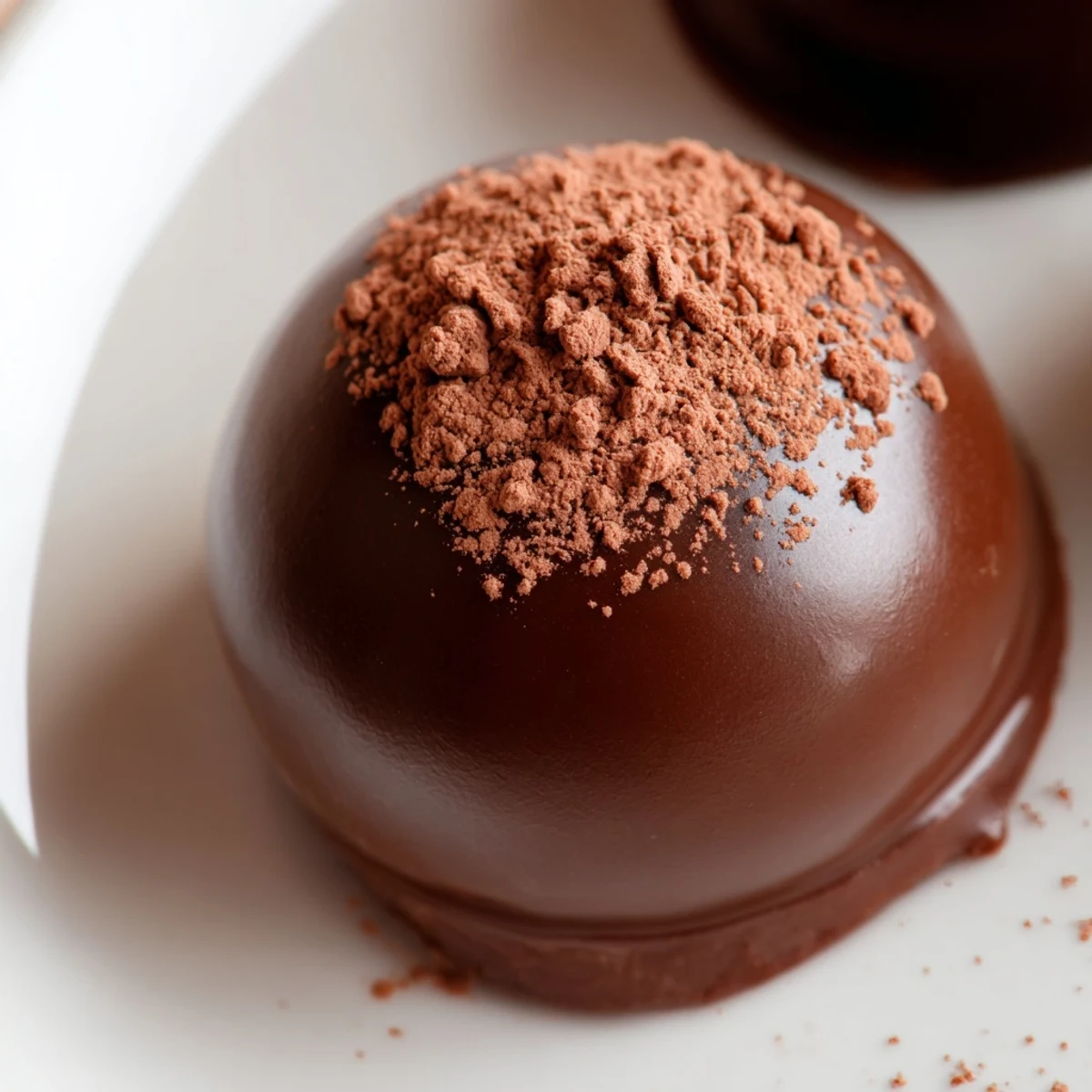 Close view of a bite-sized Irish Cream Truffles with a creamy center, served on a dessert plate for elegant entertaining.