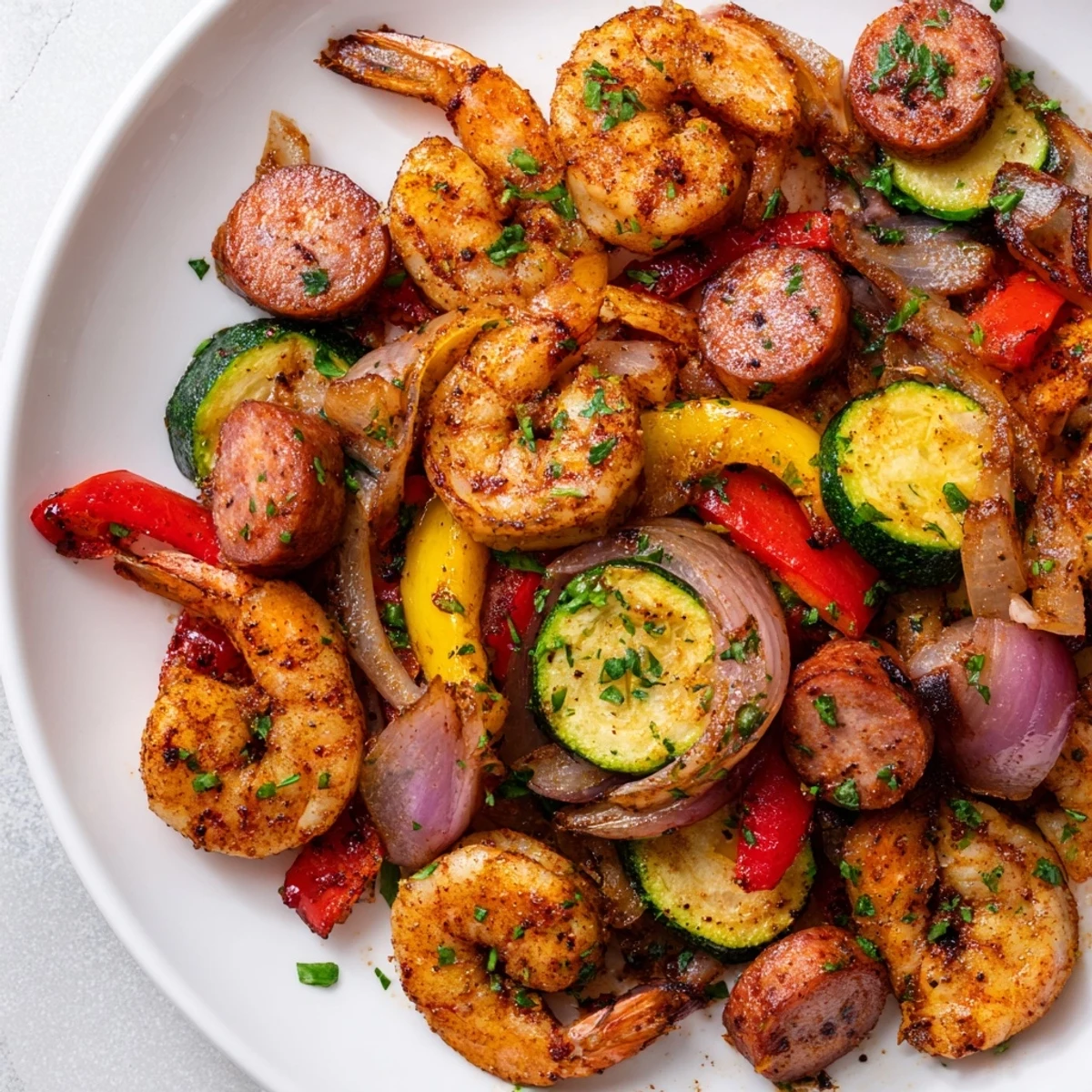 One-pan Cajun Shrimp and Sausage Skillet featuring smoky sausage tender shrimp and zucchini in a bold seasoning sauce.