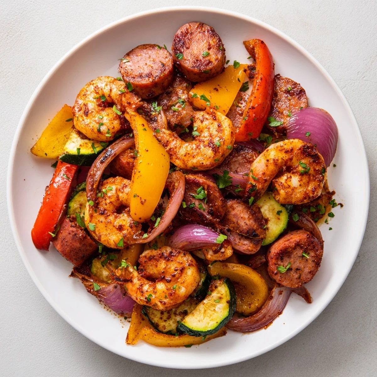 Spicy Cajun Shrimp and Sausage Skillet served hot over steamed rice with fresh lemon wedges and parsley garnish.