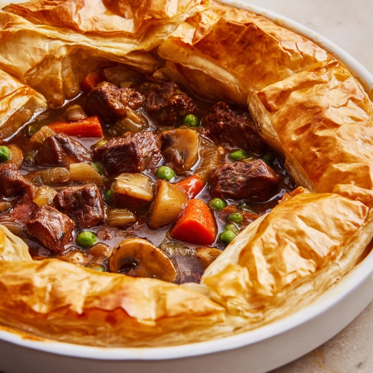 A close-up of golden, flaky puff pastry on a Beef Pot Pie, steam rising and filling bubbling with tender beef and peas.