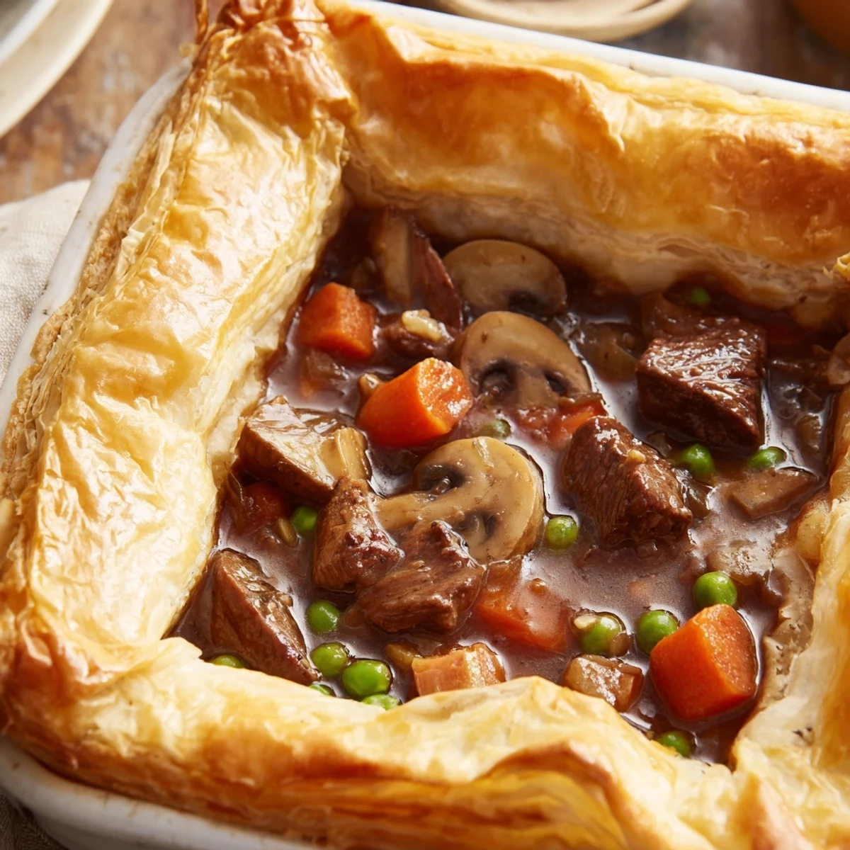 A hearty slice of Beef Pot Pie reveals rich gravy, carrots, celery, and mushrooms in a ceramic dish ready for dinner.