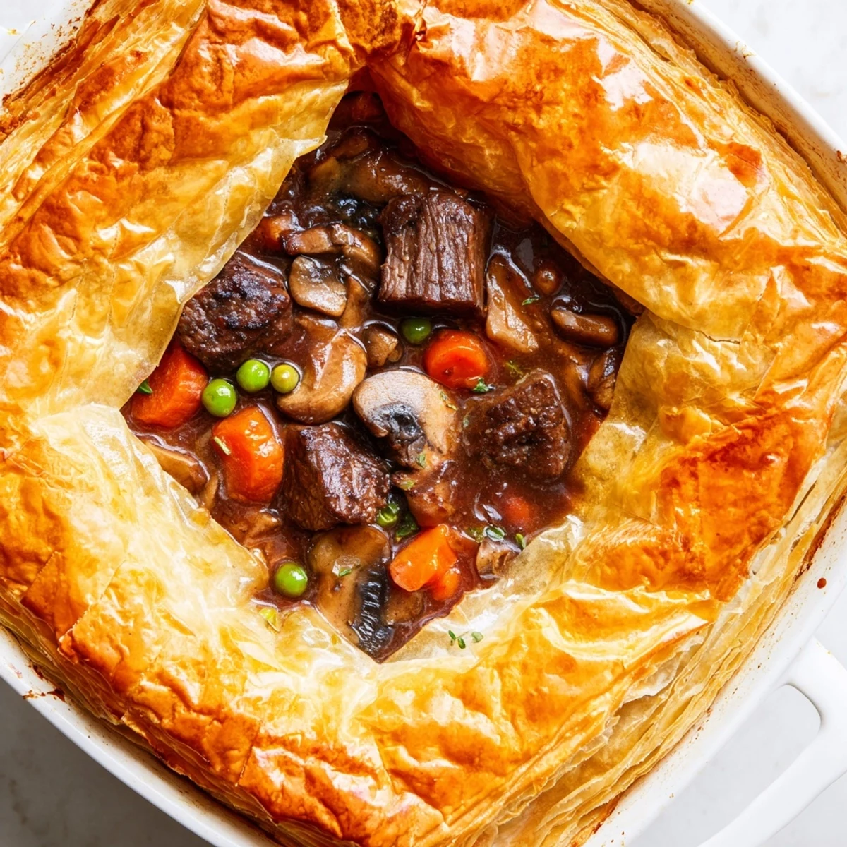 An inviting Beef Pot Pie with a golden baked crust sits beside a glass of red wine on a cozy wooden table.