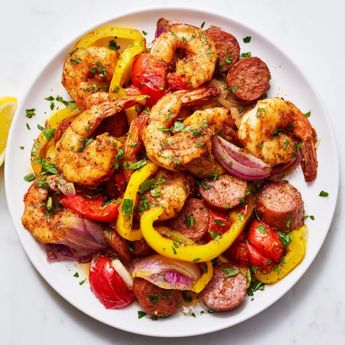 Sizzling Cajun Shrimp and Beef Sausage Skillet with colorful peppers and onions in a rustic cast iron pan, topped with fresh parsley and lemon wedges for a bright citrus finish, perfect for a hearty family dinner.