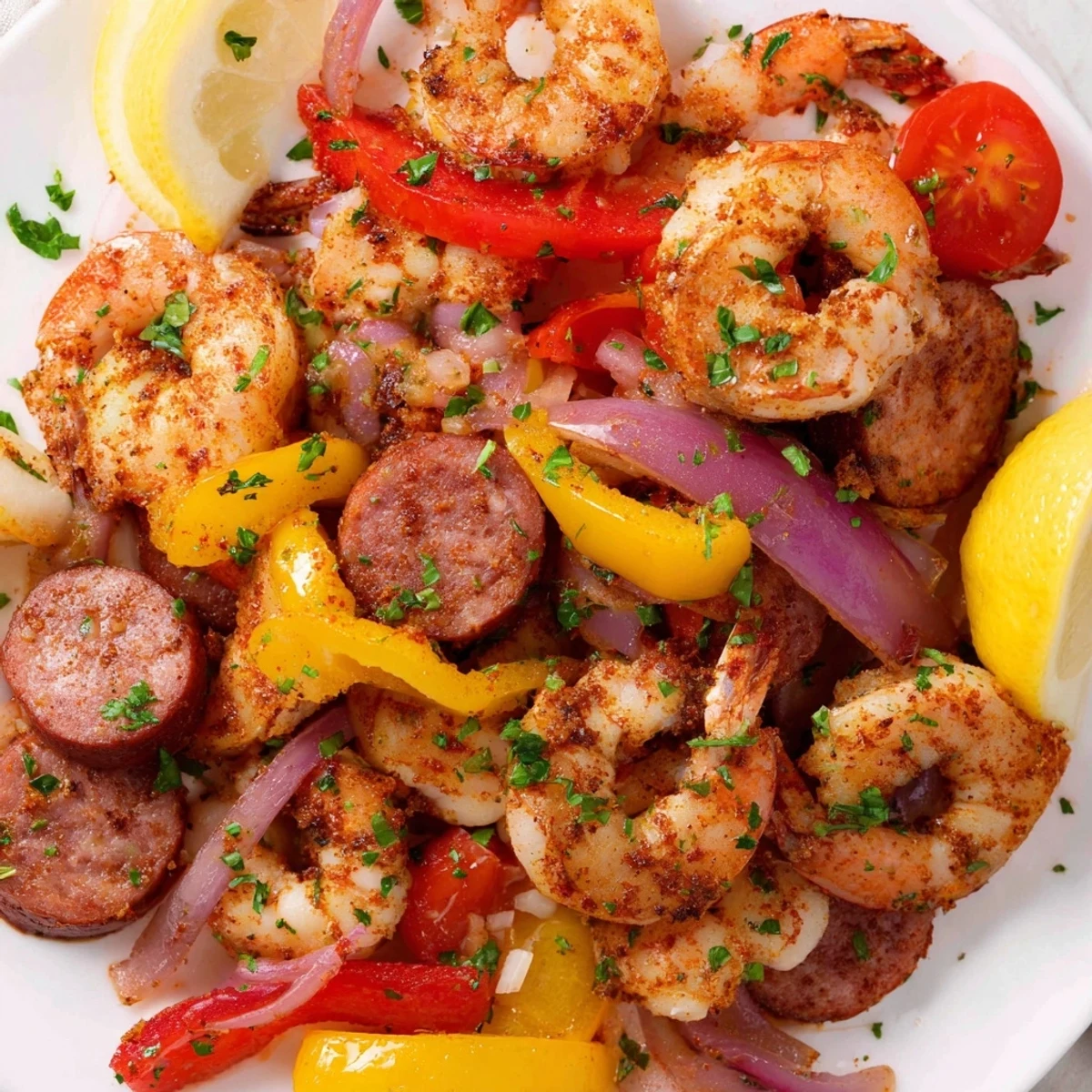 Close-up of Cajun Shrimp and Beef Sausage Skillet showing juicy shrimp and savory sausage pieces mixed with tender-crisp vegetables, glistening with a rich Cajun spice coating on a dark wooden table ready to serve.
