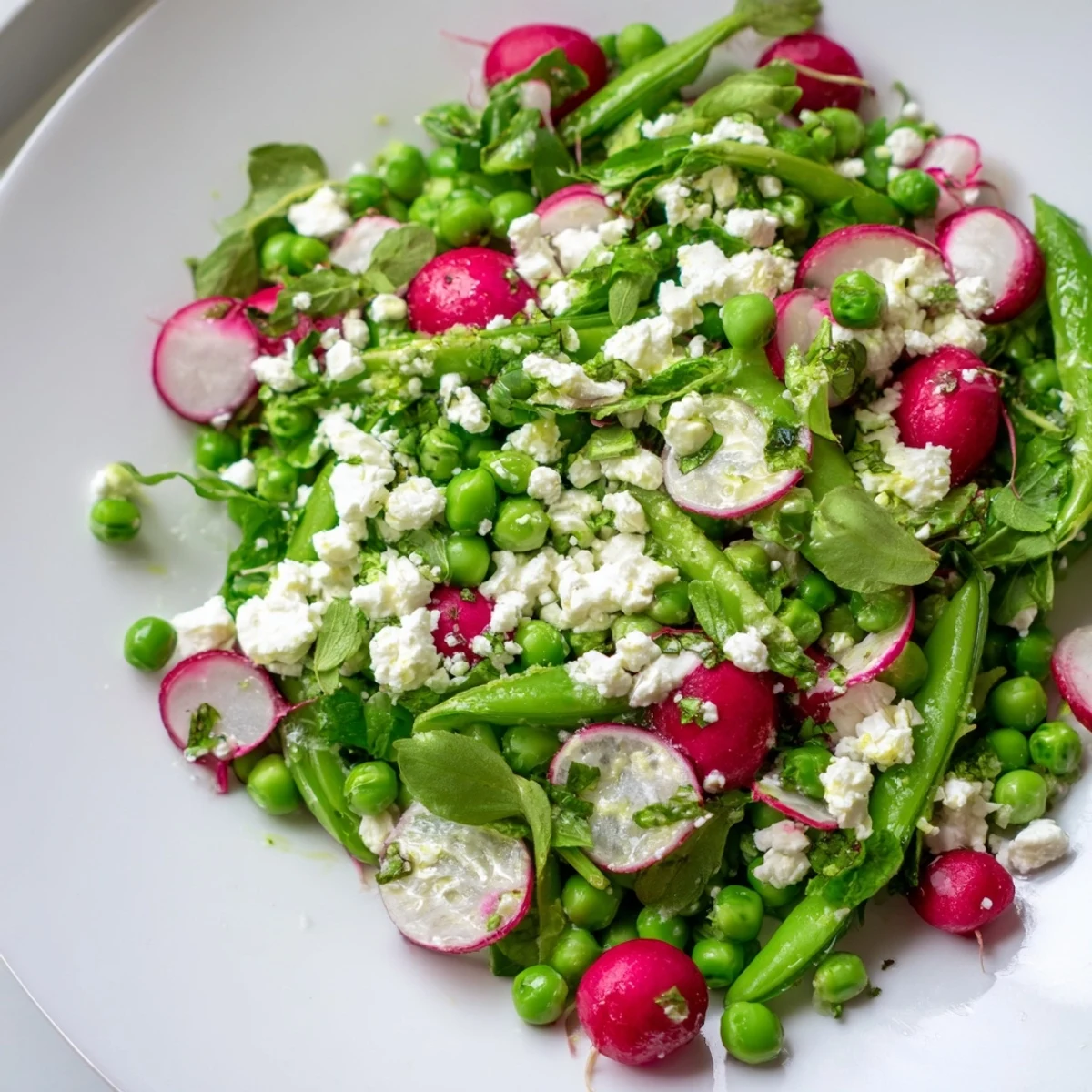 Fresh spring peas and crisp radishes in Spring Pea Salad with Radishes and Feta on a light lunch plate.  