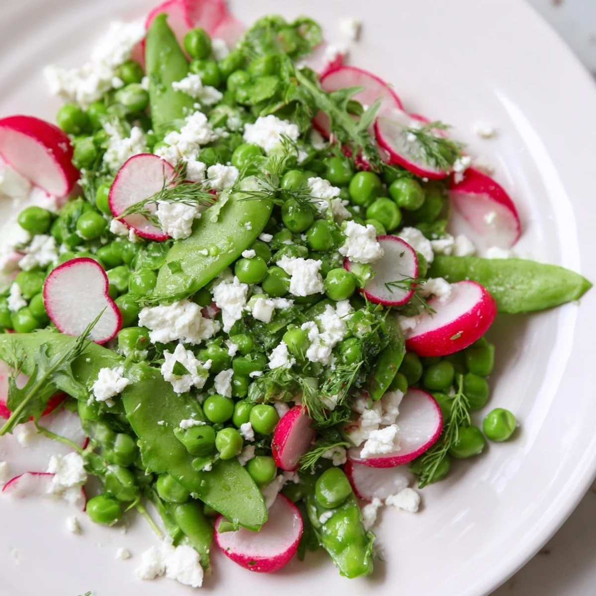 A vibrant Spring Pea Salad with Radishes and Feta topped on creamy avocado and baby arugula greens.