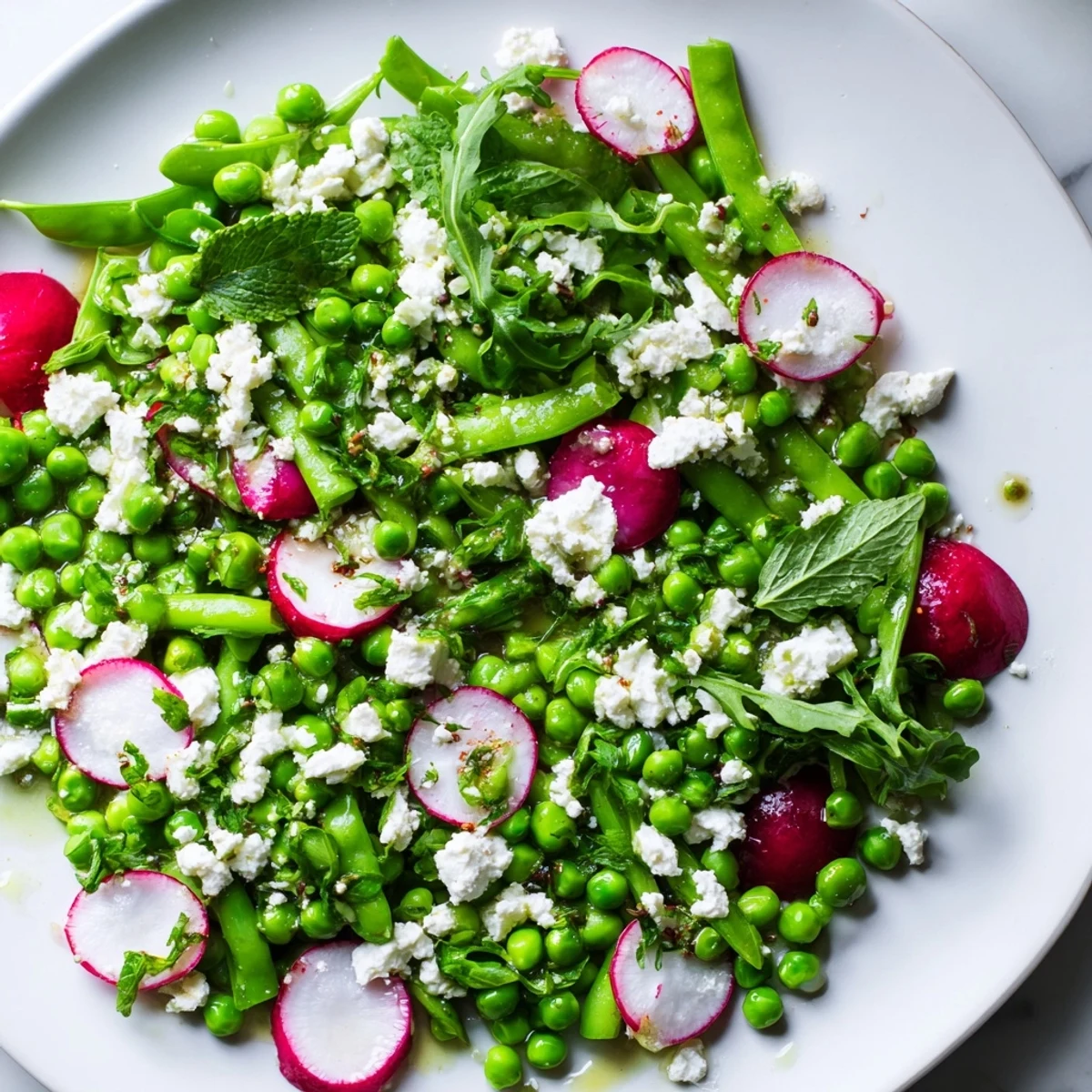 Spring Pea Salad with Radishes and Feta tossed in zesty lemon-herb vinaigrette and served with grilled chicken.  