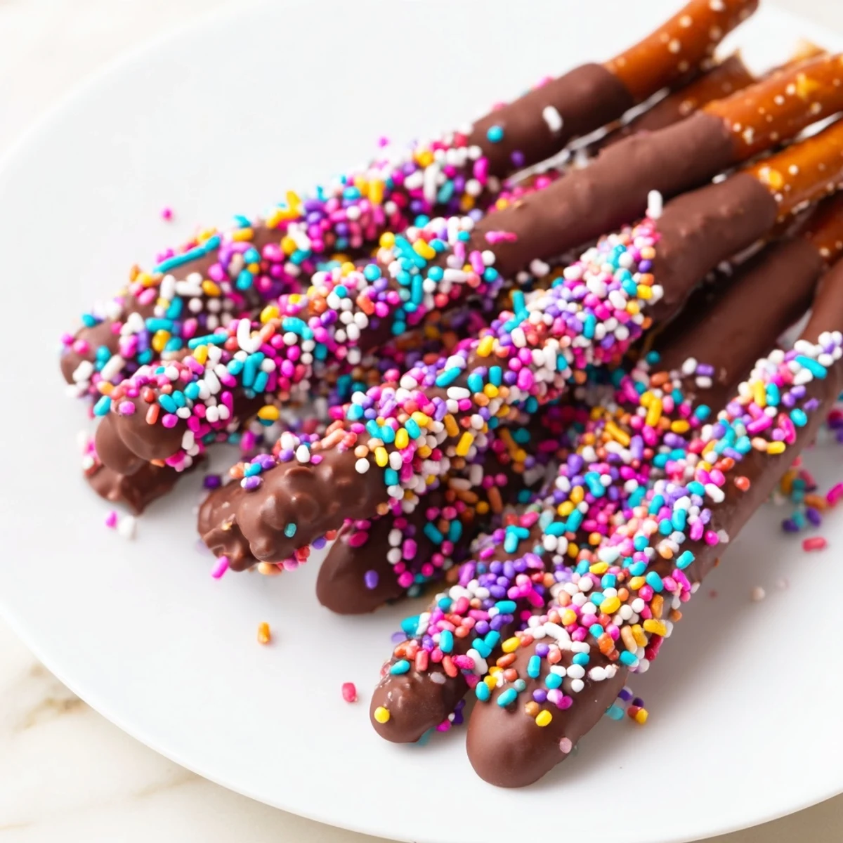 Golden pastel sprinkles adorn chocolate-covered pretzel rods on a white plate for a sweet snack.  
