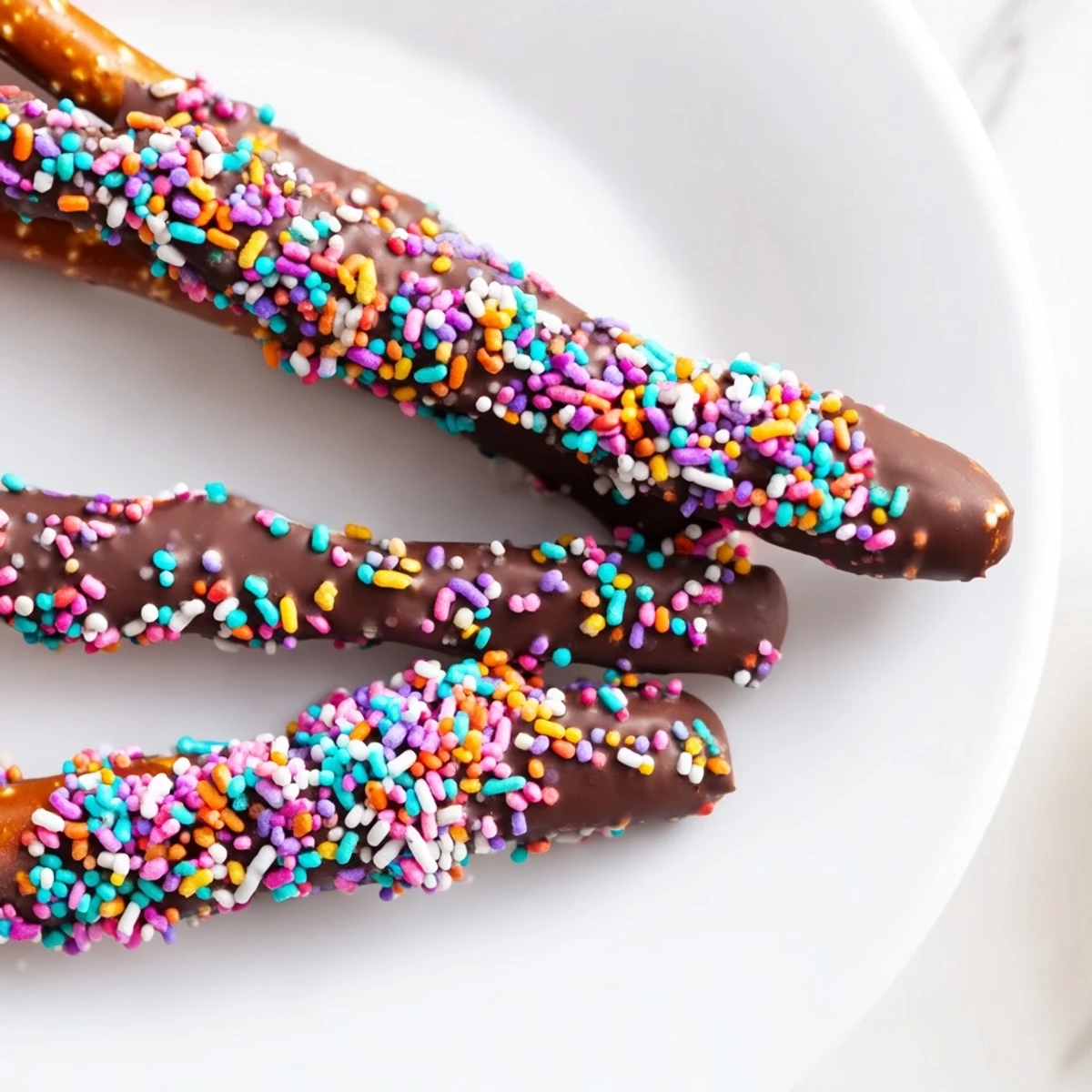Close-up of Chocolate Covered Pretzels with Pastel Sprinkles glistening on a cooling rack.  
