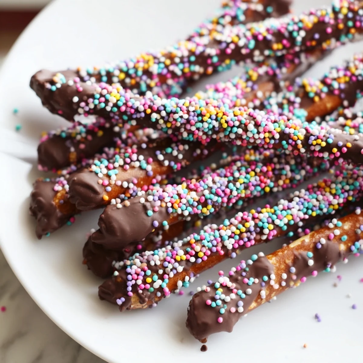 Chocolate Covered Pretzels with Pastel Sprinkles arranged for gifting on a festive platter.