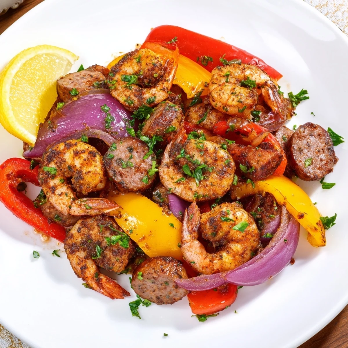 A steaming skillet of Cajun Shrimp and Beef Sausage Skillet served over fluffy rice with lemon wedges.