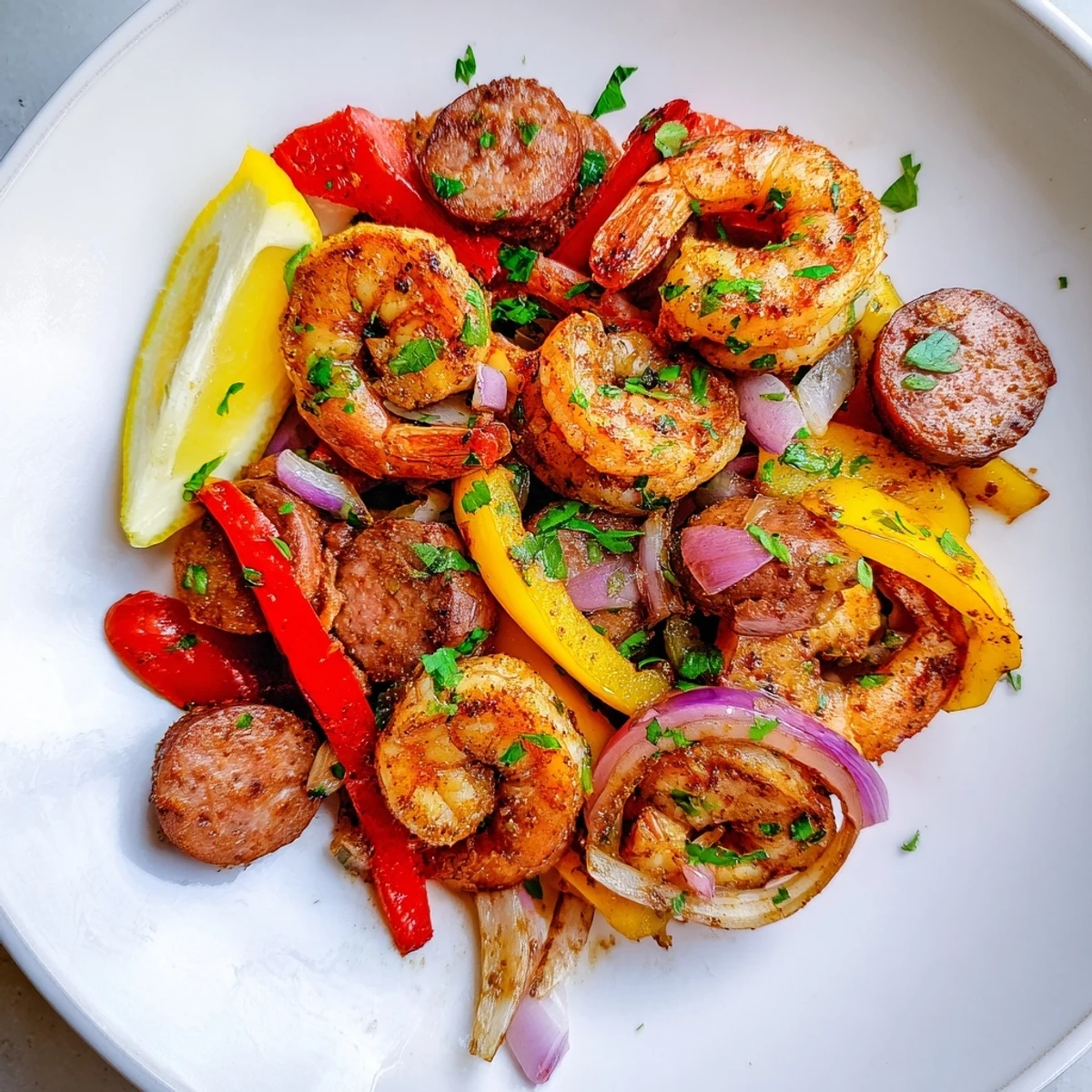 Close-up of Cajun Shrimp and Beef Sausage Skillet with sautéed peppers and onions in a rustic skillet.