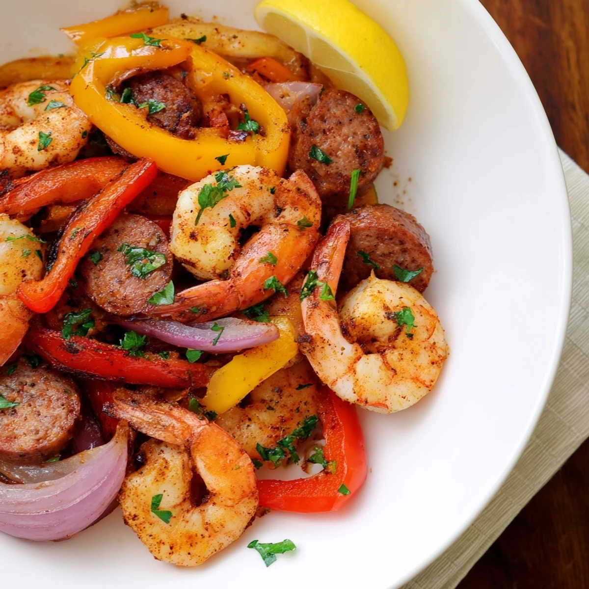 Hearty Cajun Shrimp and Beef Sausage Skillet featuring sizzling shrimp and smoky sausage in a rich spicy sauce.