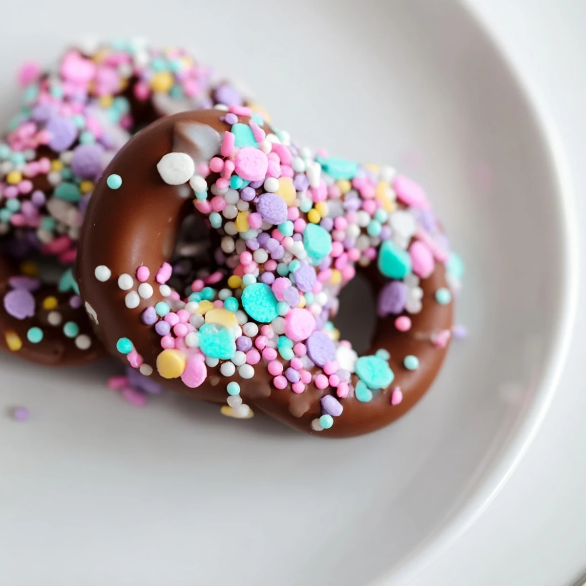Crispy pretzel twists coated in smooth milk chocolate with pastel sprinkles, perfect for a sweet snack.