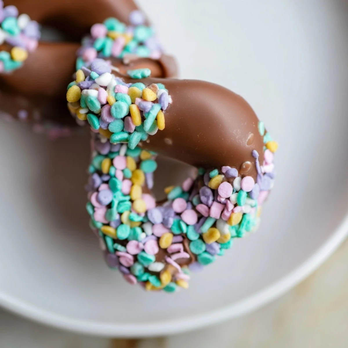 Chocolate Covered Pretzels with Pastel Sprinkles displayed on parchment, a festive treat for party platters.