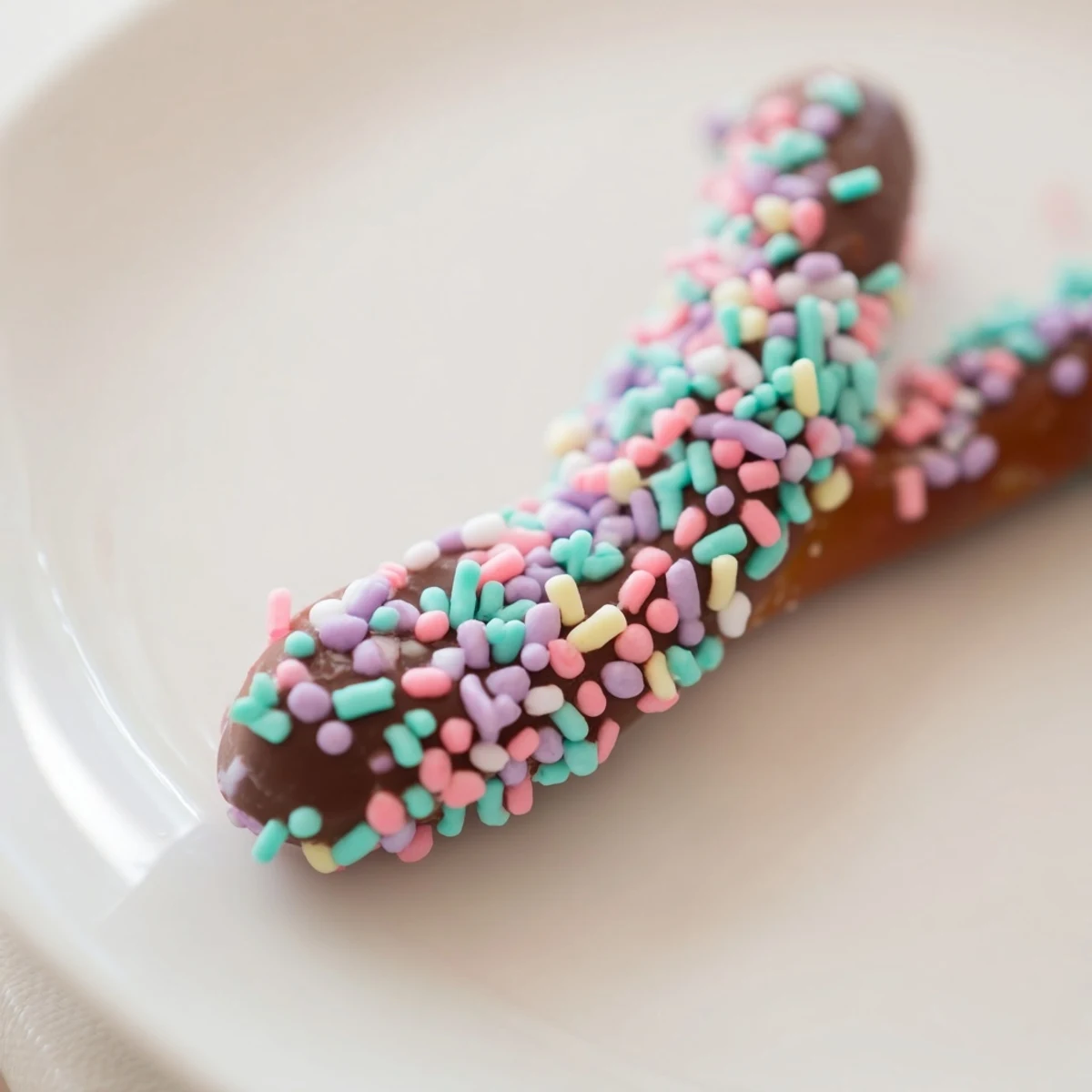 Mini pretzels dipped in creamy chocolate and topped with colorful pastel sprinkles, ideal for gifting or dessert.
