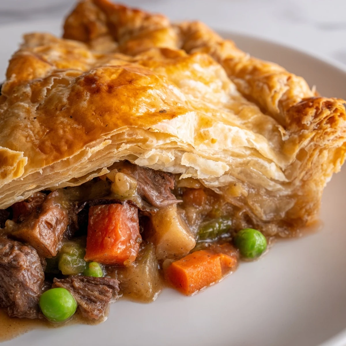 Freshly baked Beef Pot Pie with flaky pastry crust rests beside a red napkin on a rustic wooden table, perfect for family dinner.