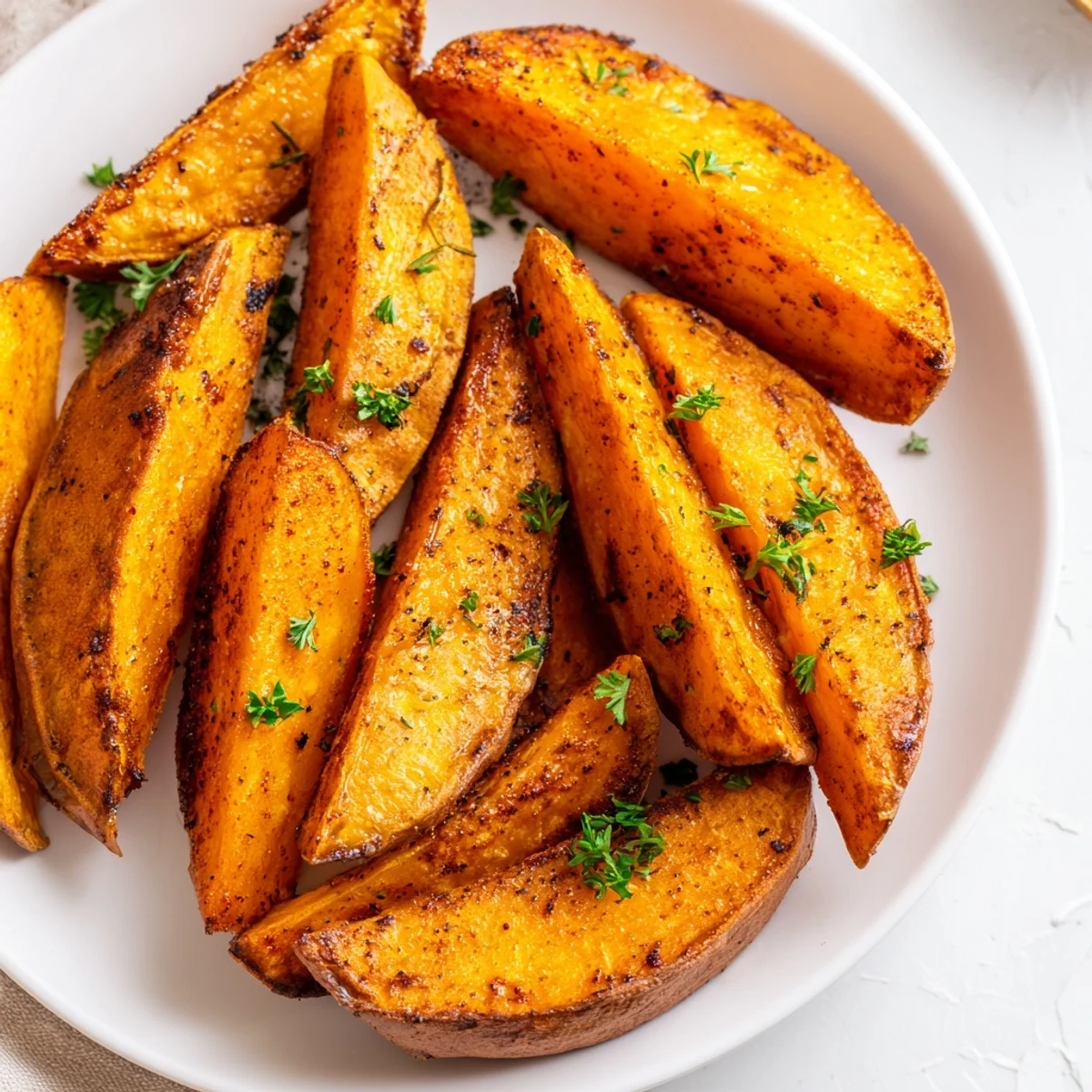 Golden roasted sweet potato wedges with paprika on a rustic platter, garnished with fresh parsley and served hot.