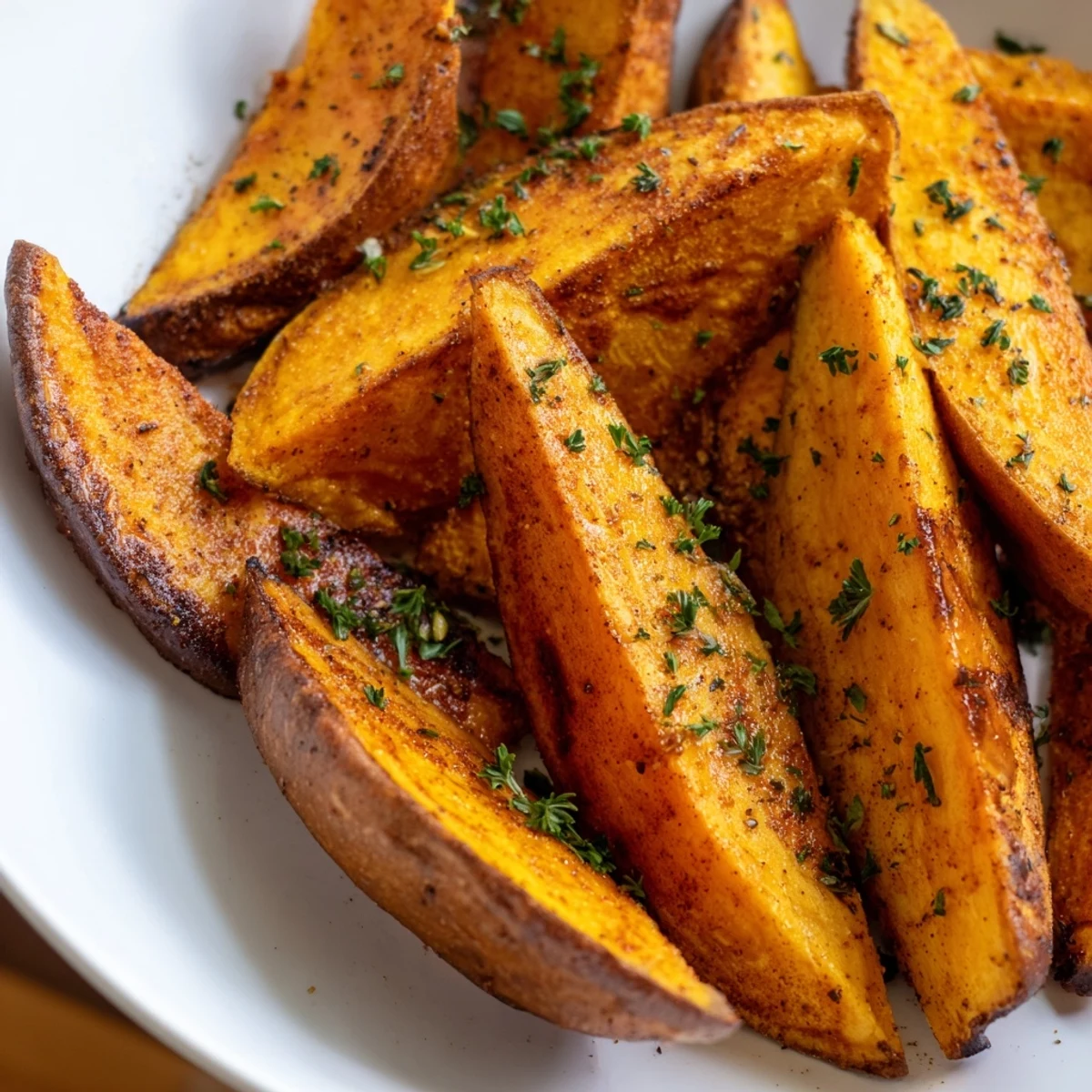 Roasted sweet potato wedges with paprika emerge crispy-edged from the oven, lightly dusted and paired with a creamy dip.