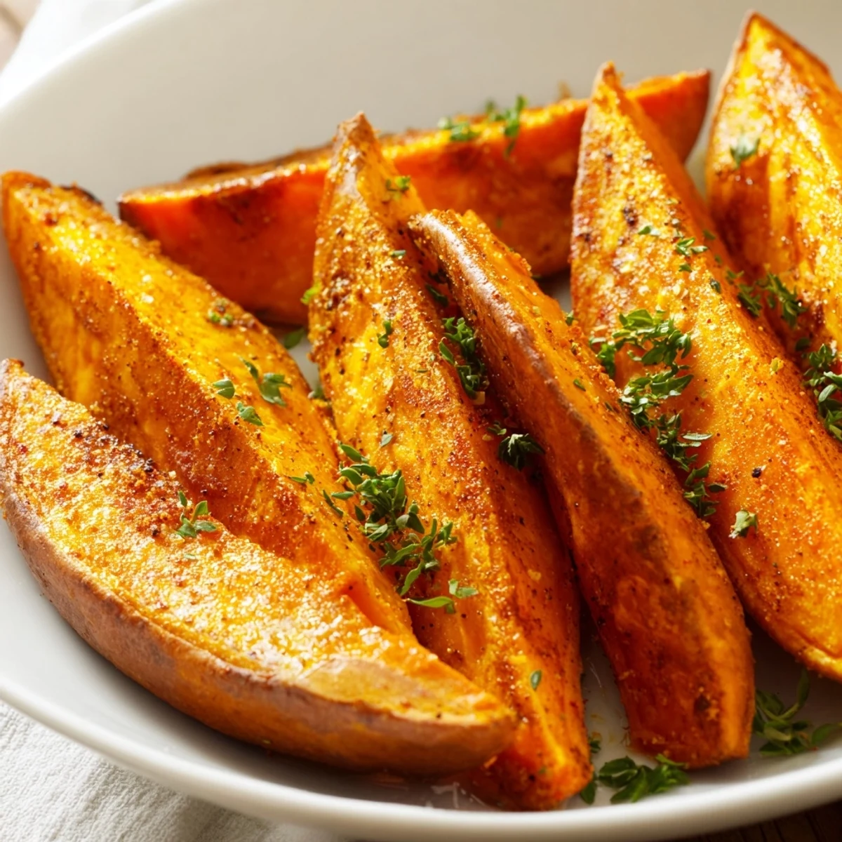 A vibrant platter of roasted sweet potato wedges with paprika, glistening with olive oil and herbs, ready to serve.