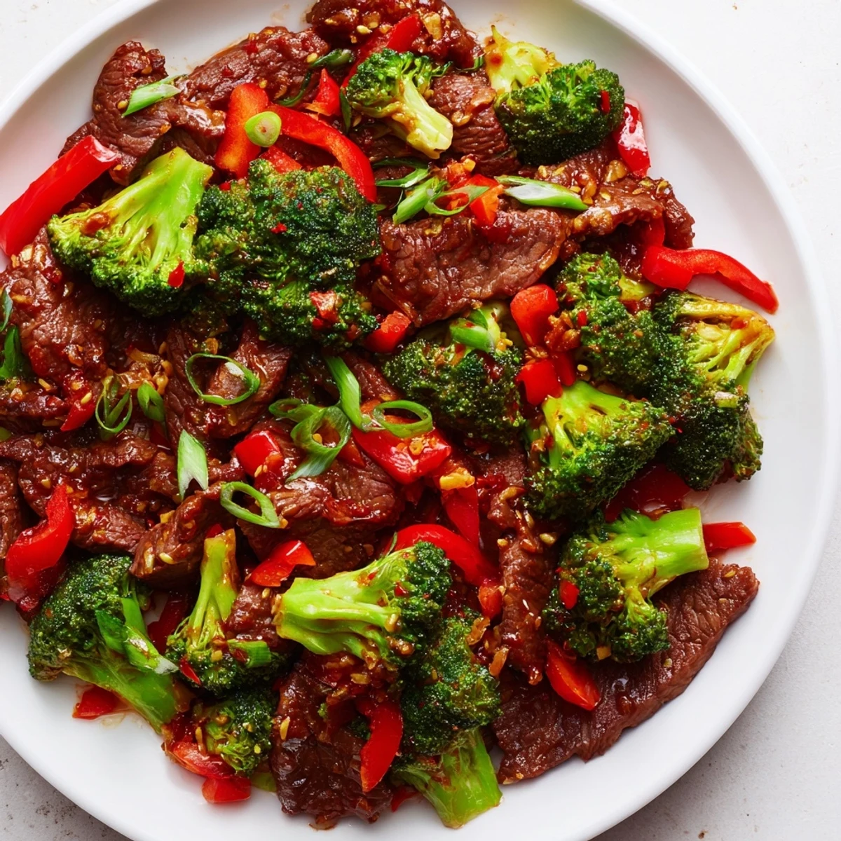 A vibrant red bell pepper and green onions garnish the hearty Spicy Beef and Broccoli Stir Fry, perfect for weeknights.