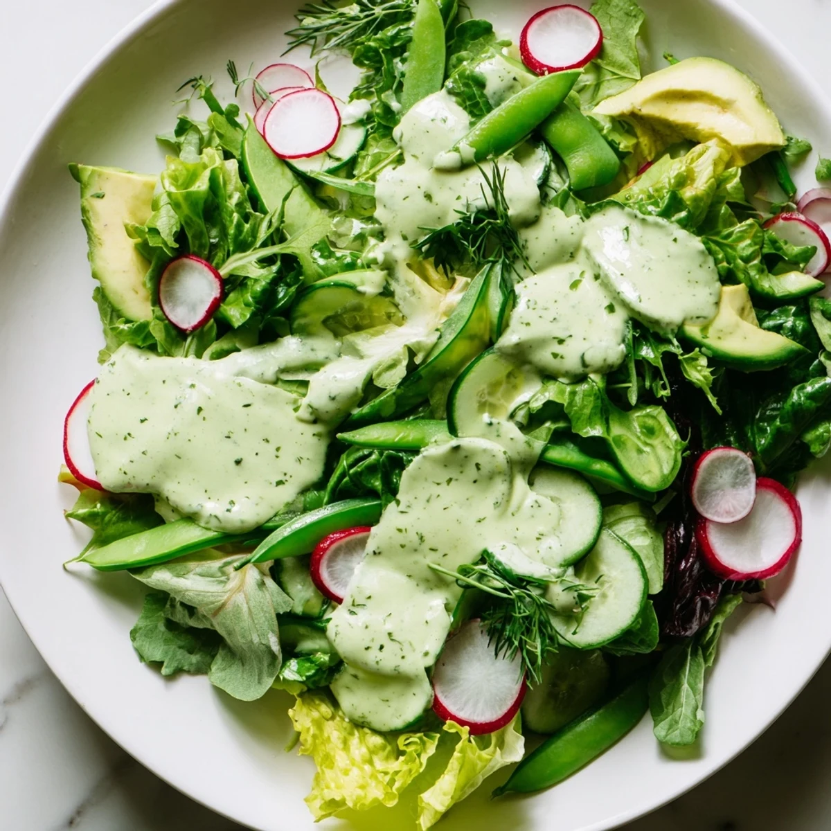 A vibrant Green Salad with Green Goddess Dressing for a light American meal.