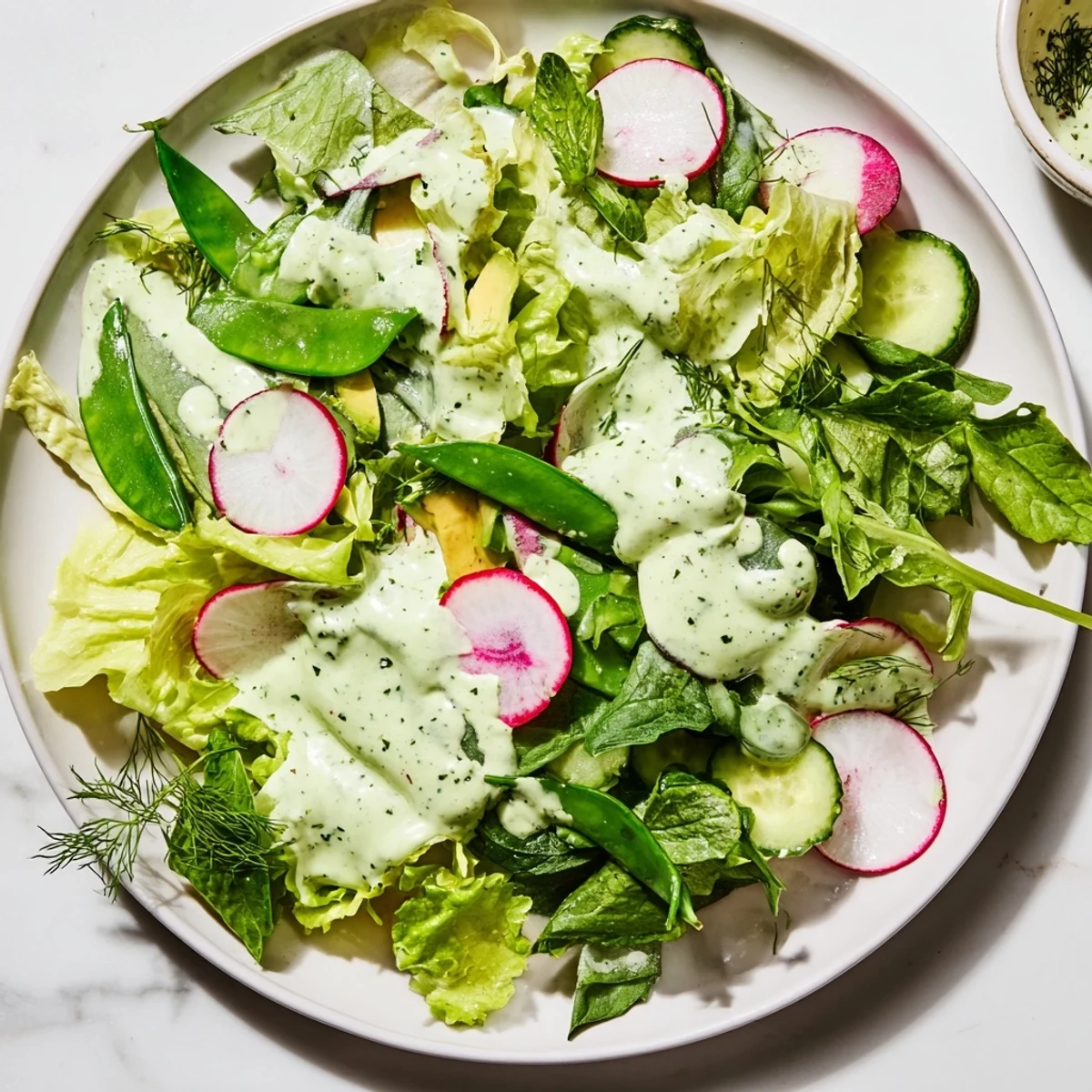 Fresh Green Salad with Green Goddess Dressing and herbs tossed for a refreshing side.