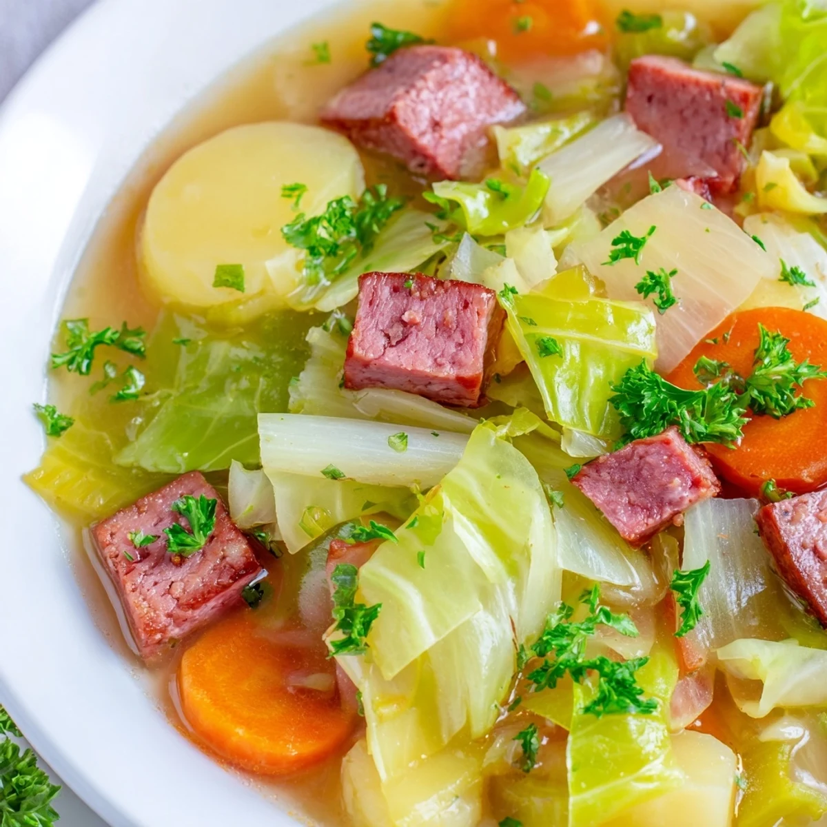A bowl of steaming Corned Beef and Cabbage Soup with tender beef chunks and fresh green cabbage leaves. 