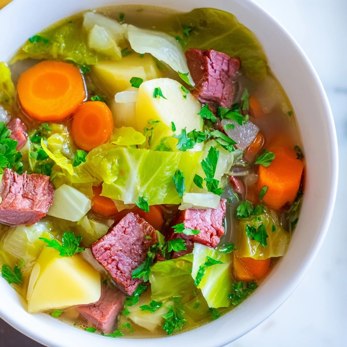 Hearty Corned Beef and Cabbage Soup ladled into a rustic mug, garnished with fresh parsley and ready to serve. 