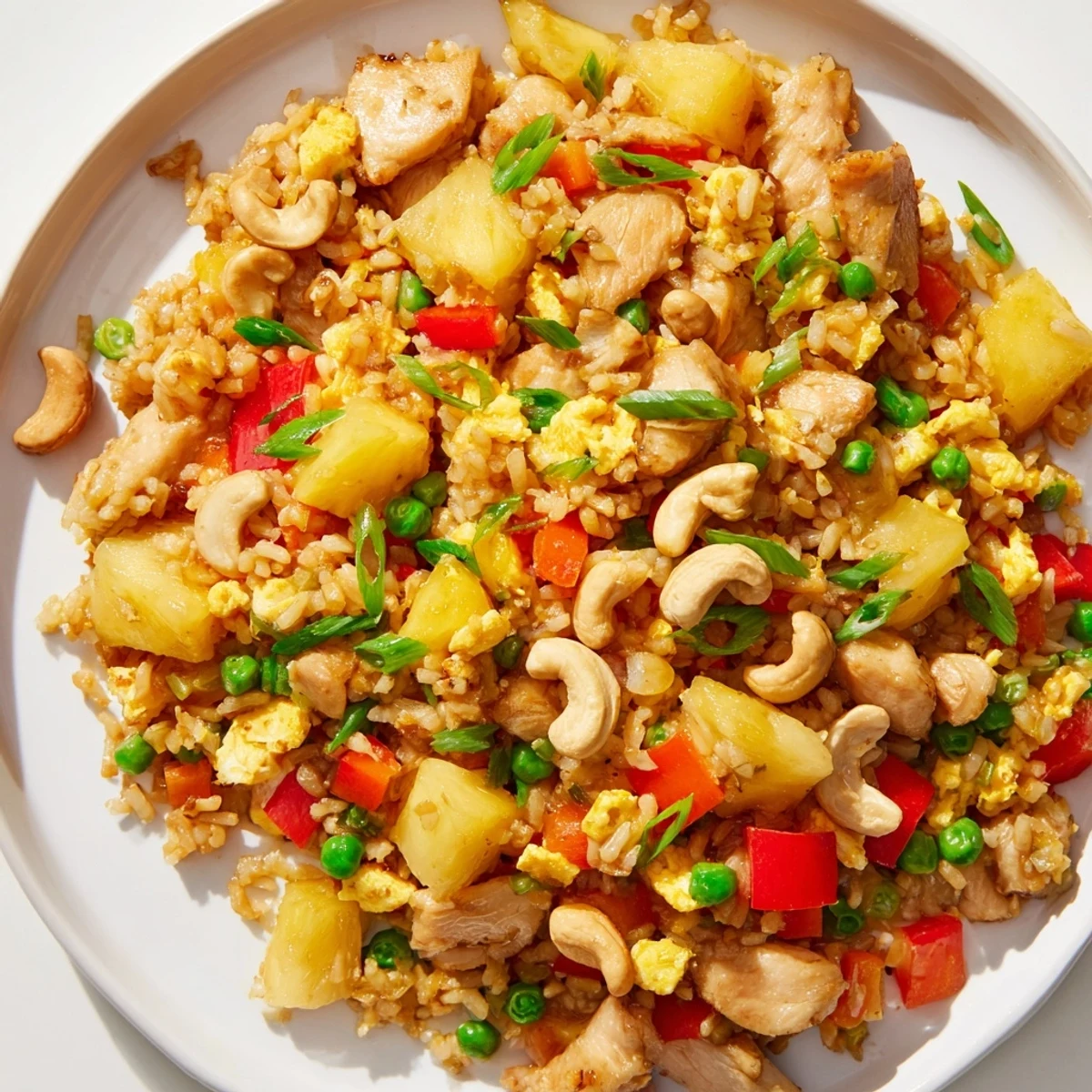 A close-up of Pineapple Chicken Fried Rice with Cashews shows golden rice, tender chicken, bright pineapple, red bell pepper, and crunchy cashews on a plate.