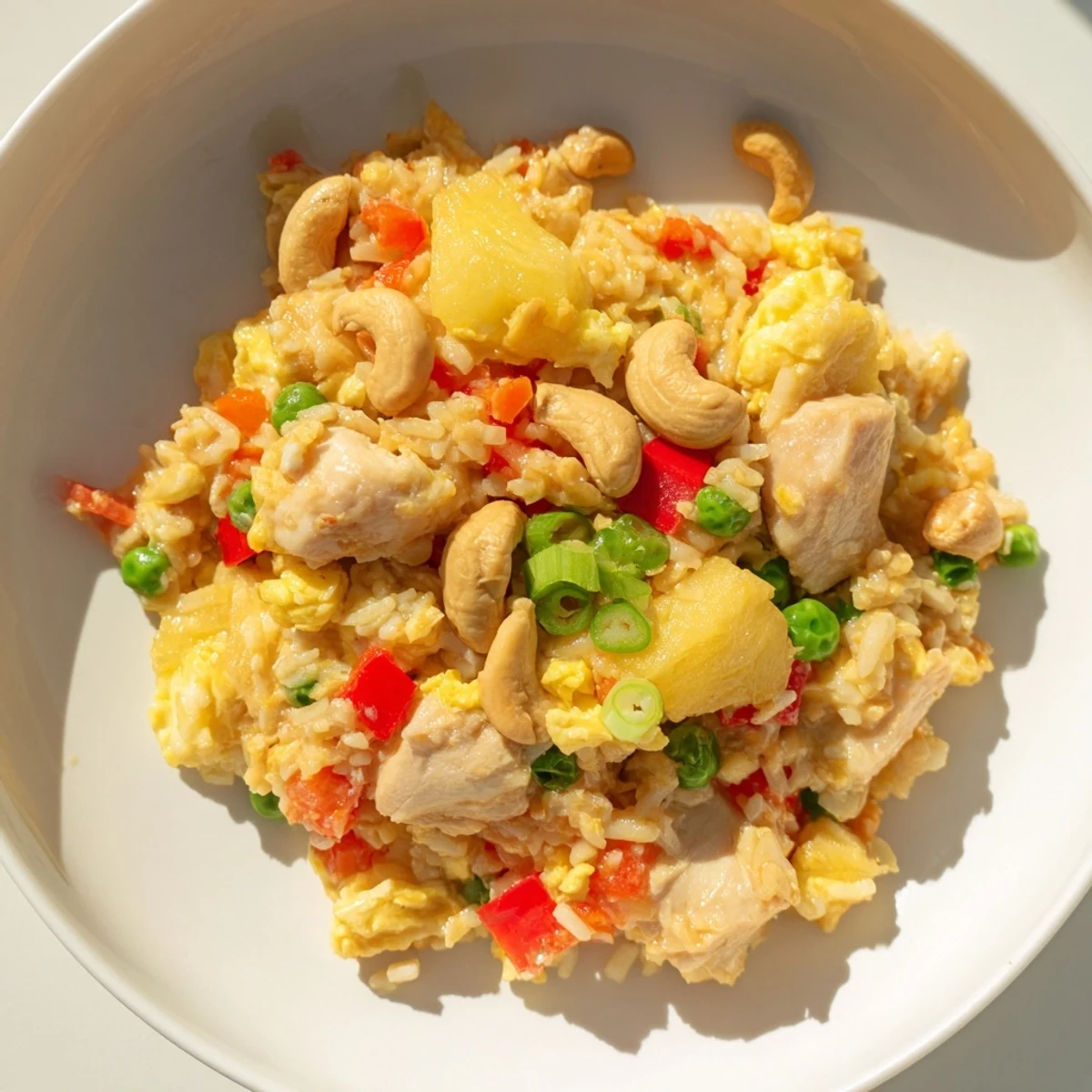 A vibrant serving of Pineapple Chicken Fried Rice with Cashews highlights sweet pineapple, savory chicken, and colorful vegetables, perfect alongside a Thai-inspired meal.