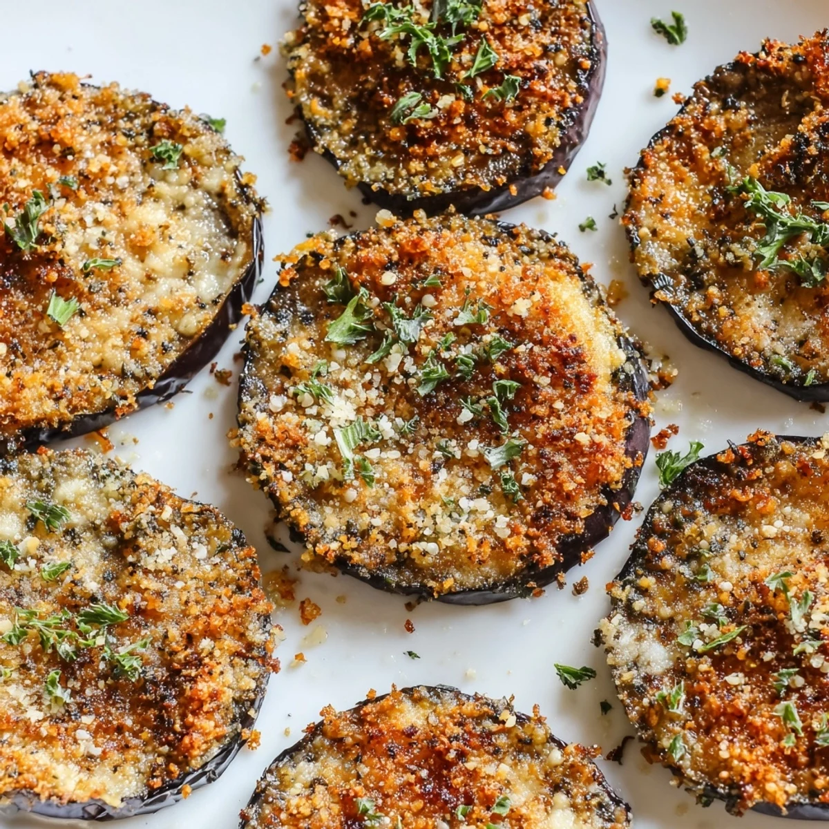 Golden roasted eggplant rounds from this Mediterranean Roasted Eggplant & Parmesan Crisps recipe, topped with bubbly, savory cheese and herbs.