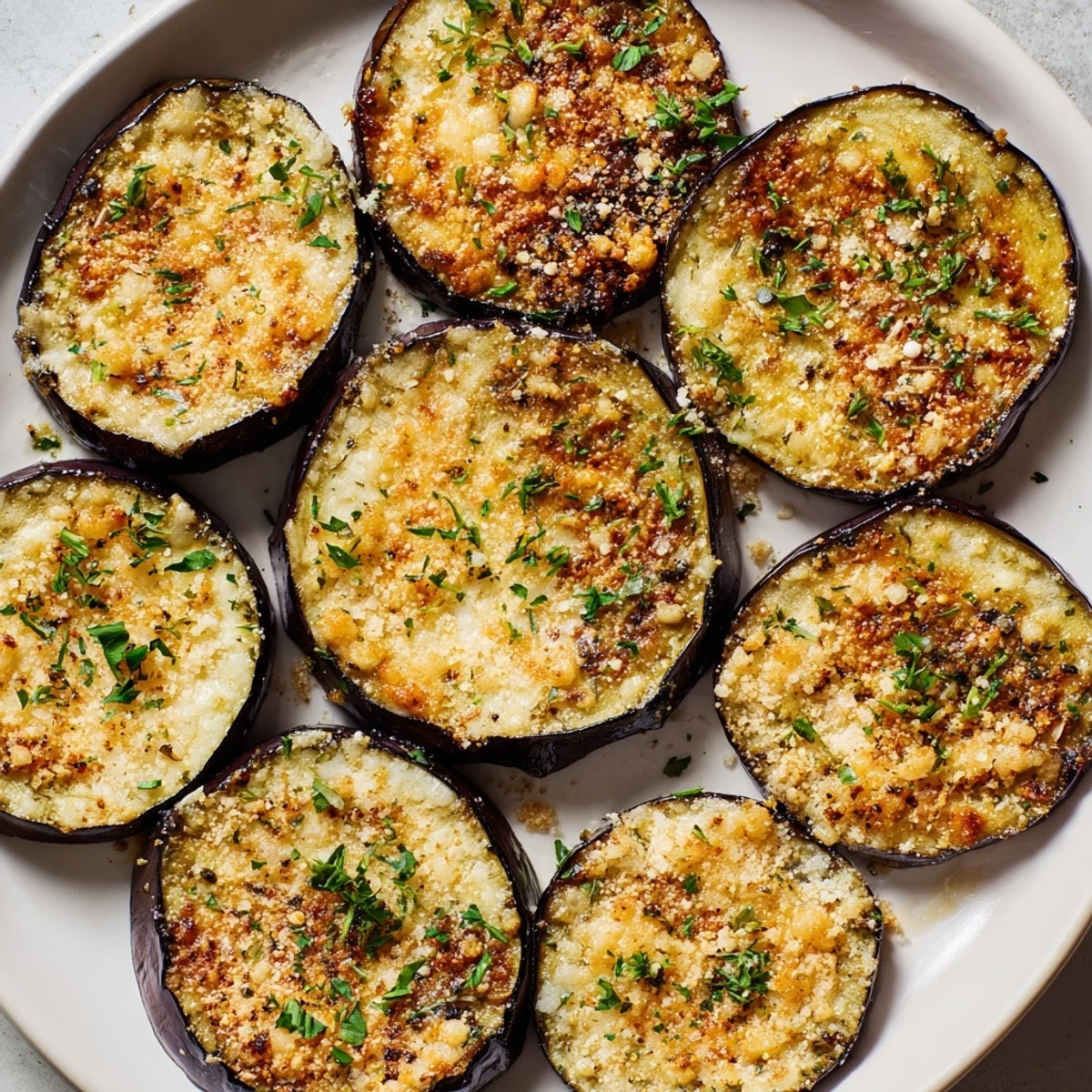 Plate of Mediterranean Roasted Eggplant & Parmesan Crisps served with lemon wedges, perfect for an elegant appetizer or snack.