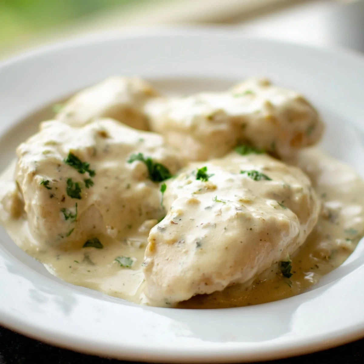 A skillet of easy Creamy Boursin Chicken, featuring juicy chicken pieces coated in a rich, savory sauce, ready to be served with green beans.