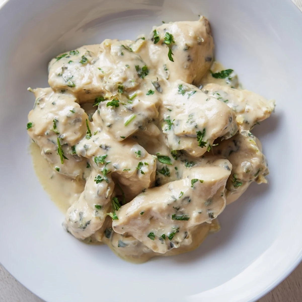 Tender slices of Creamy Boursin Chicken resting on mashed potatoes, with a velvety garlic and herb sauce pooling around them on the plate.